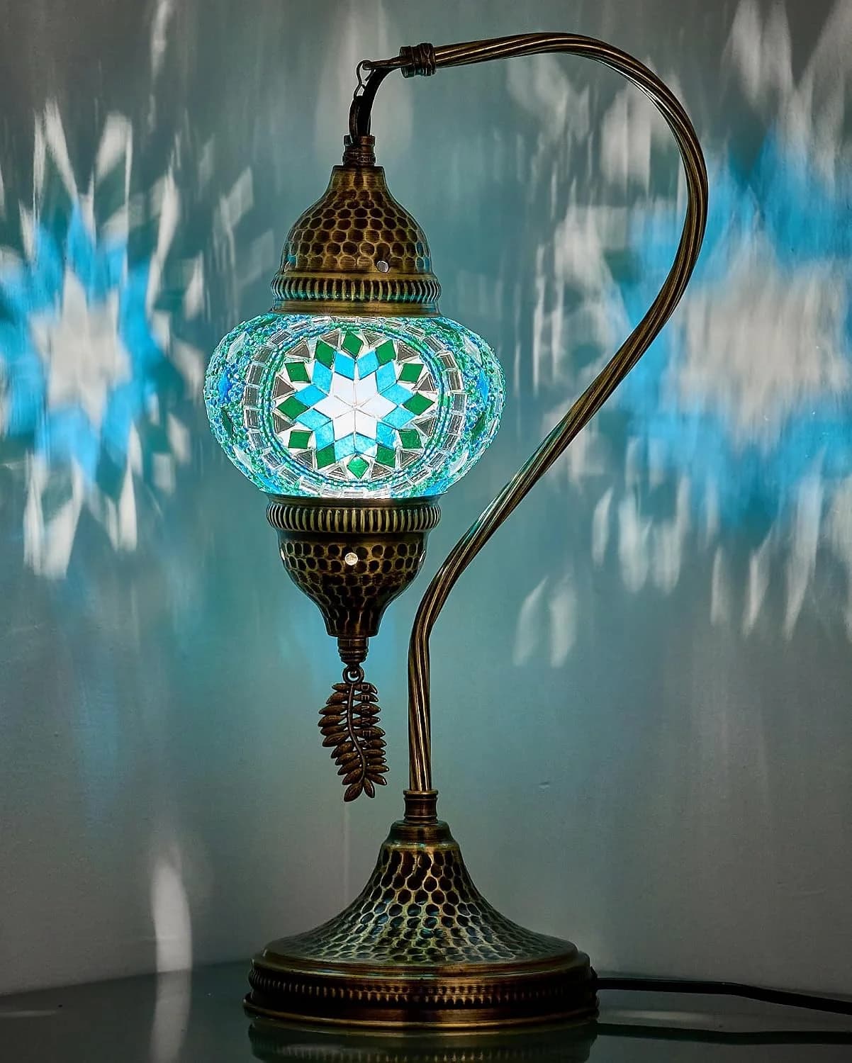 DEMMEX Turkish Moroccan Table Lamp, Swan Neck Tiffany Style Mosaic Glass Table Desk Bedside Lamp for Bedroom, Living Roo