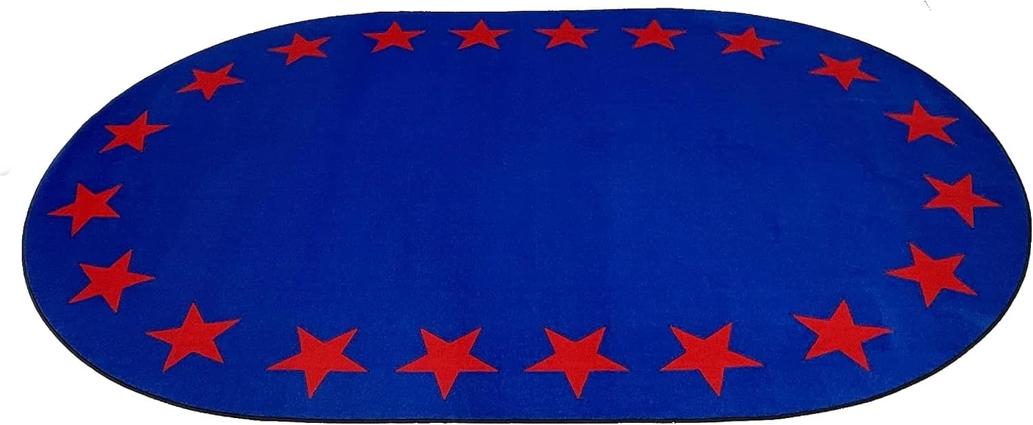 KIDCARPET.COM Star Border Classroom Seating Rug, 6' x 8'6" Oval, Blue