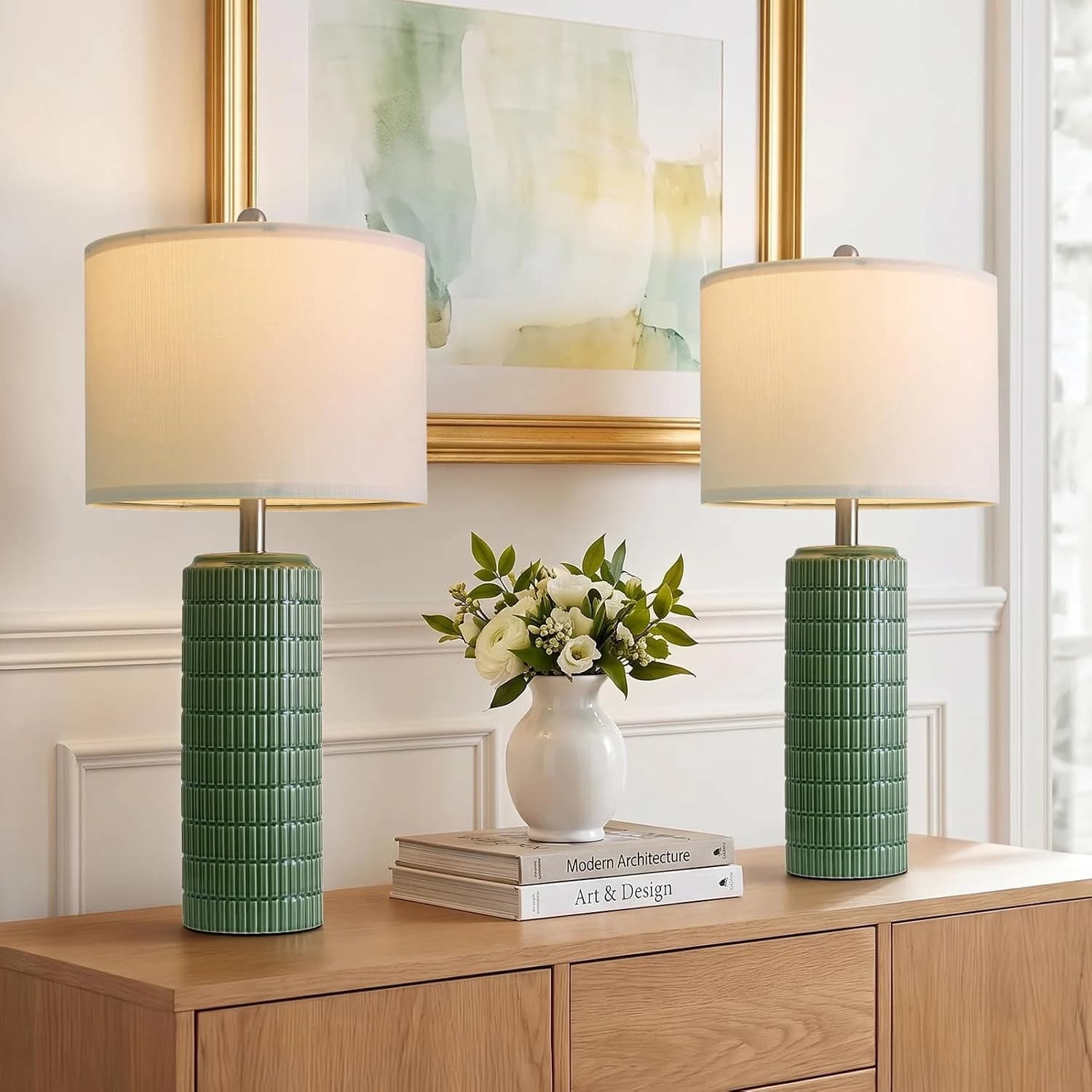 PoKat 27.5" Dark Green Ceramic Table Lamps for Living Room, Farmhouse Table Lamps Set of 2 for Bedroom Night Stands, Mod