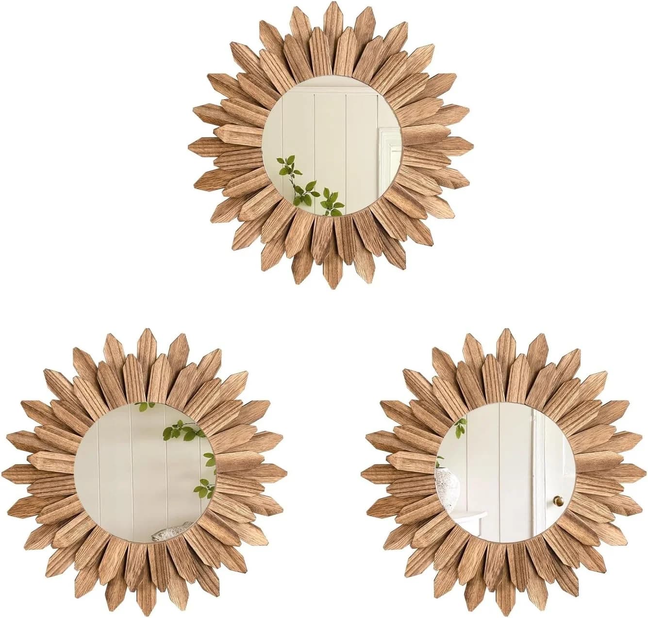LOSOUR Boho Wall Decor Sunburst Mirror 3 Pack Rustic Round Wood Mirror 12 inch Boho Mirror Home Decor Farmhouse Room Dec