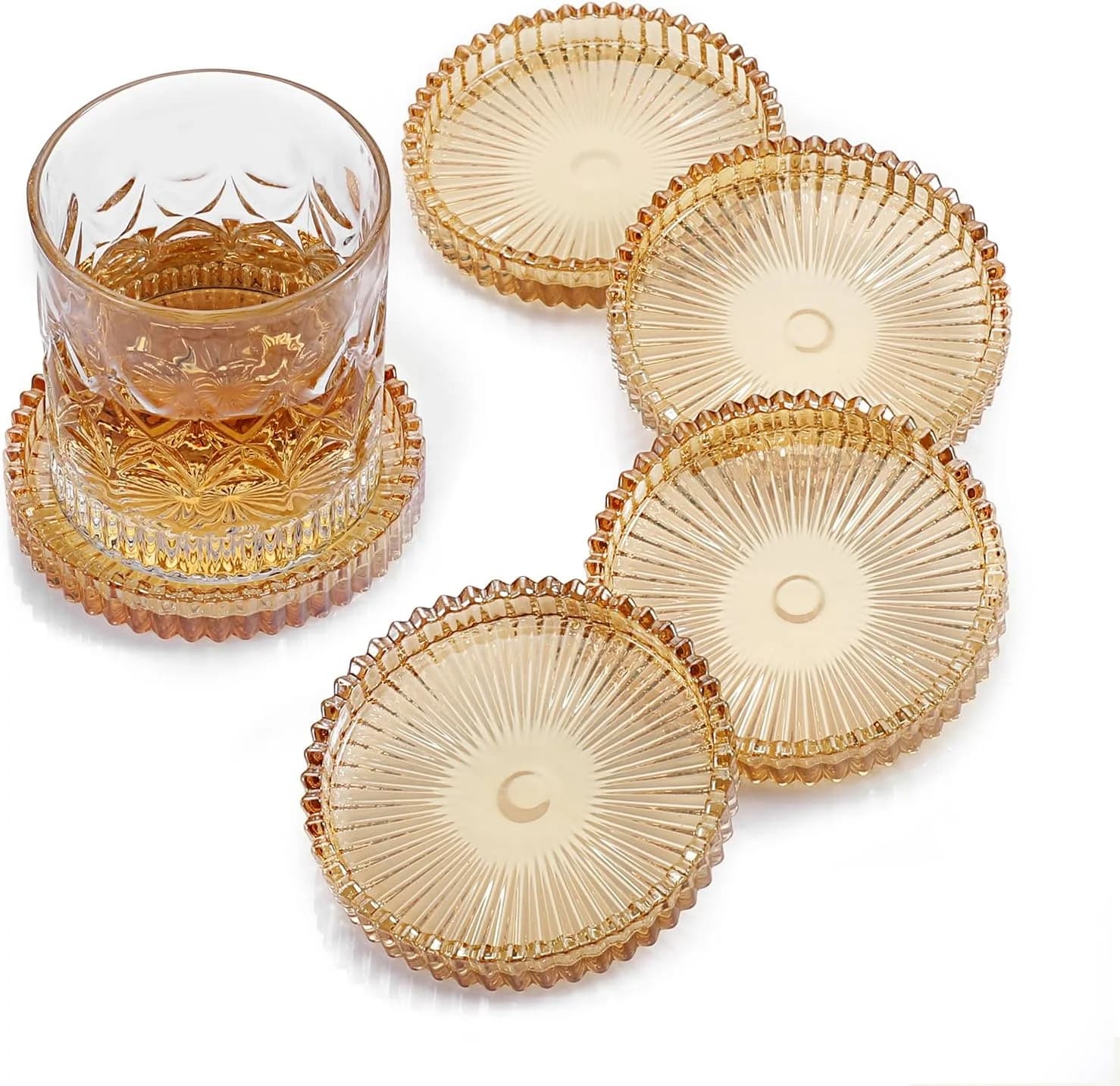 Modern Clear Coasters Set of 5- Glass Cute Coasters for Drinks, Amber