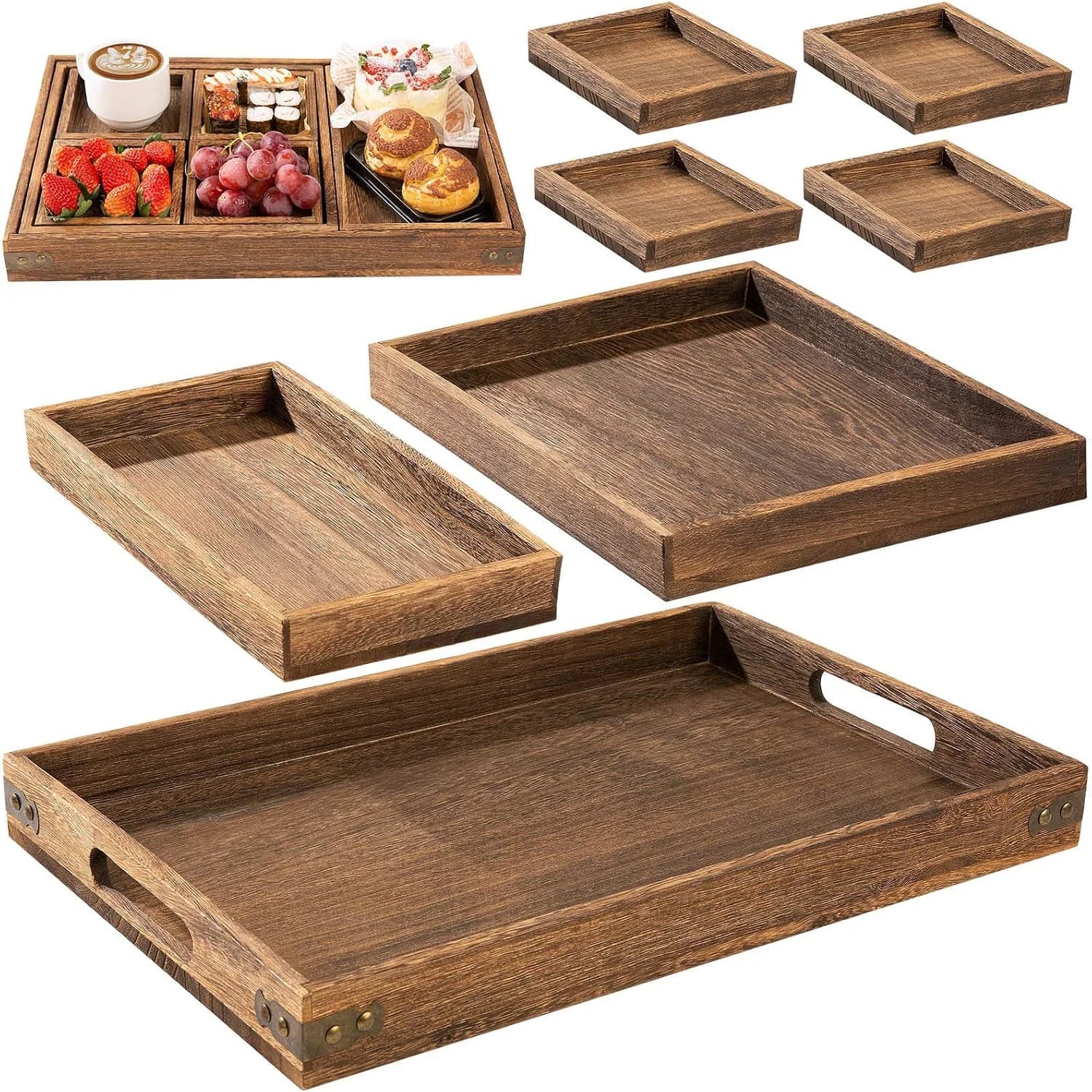 Yangbaga Rustic Wooden Serving Trays with Handle - Set of 7 Rectangular Platters for Entertaining, Breakfast, Coffee Tab