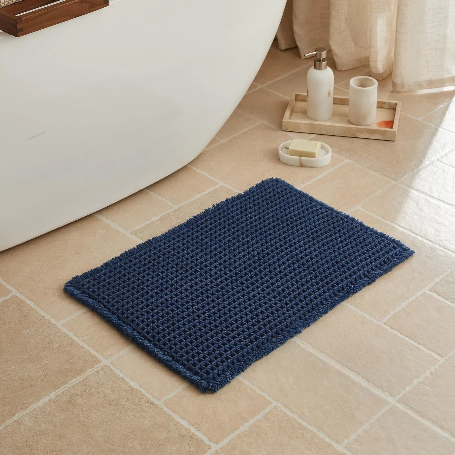 Triohero Waffle Bath Mat, Small Boho Bathroom Rugs Non Slip 16x24 Navy Blue