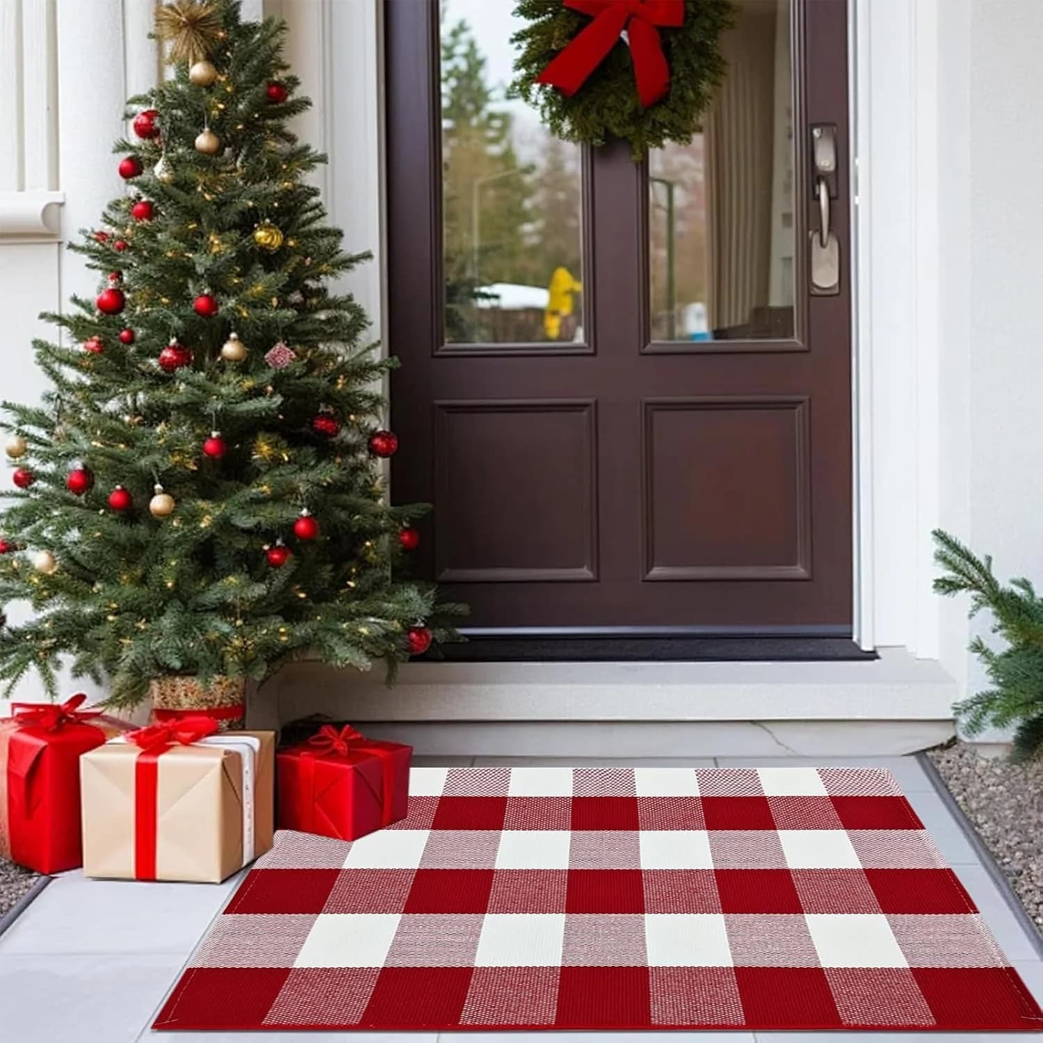 USTIDE Buffalo Check Plaid Doormat Red and White 2'x3'Hand Woven Cotton Plaid Rugs Farmhouse Layered Door Perfect for Fr