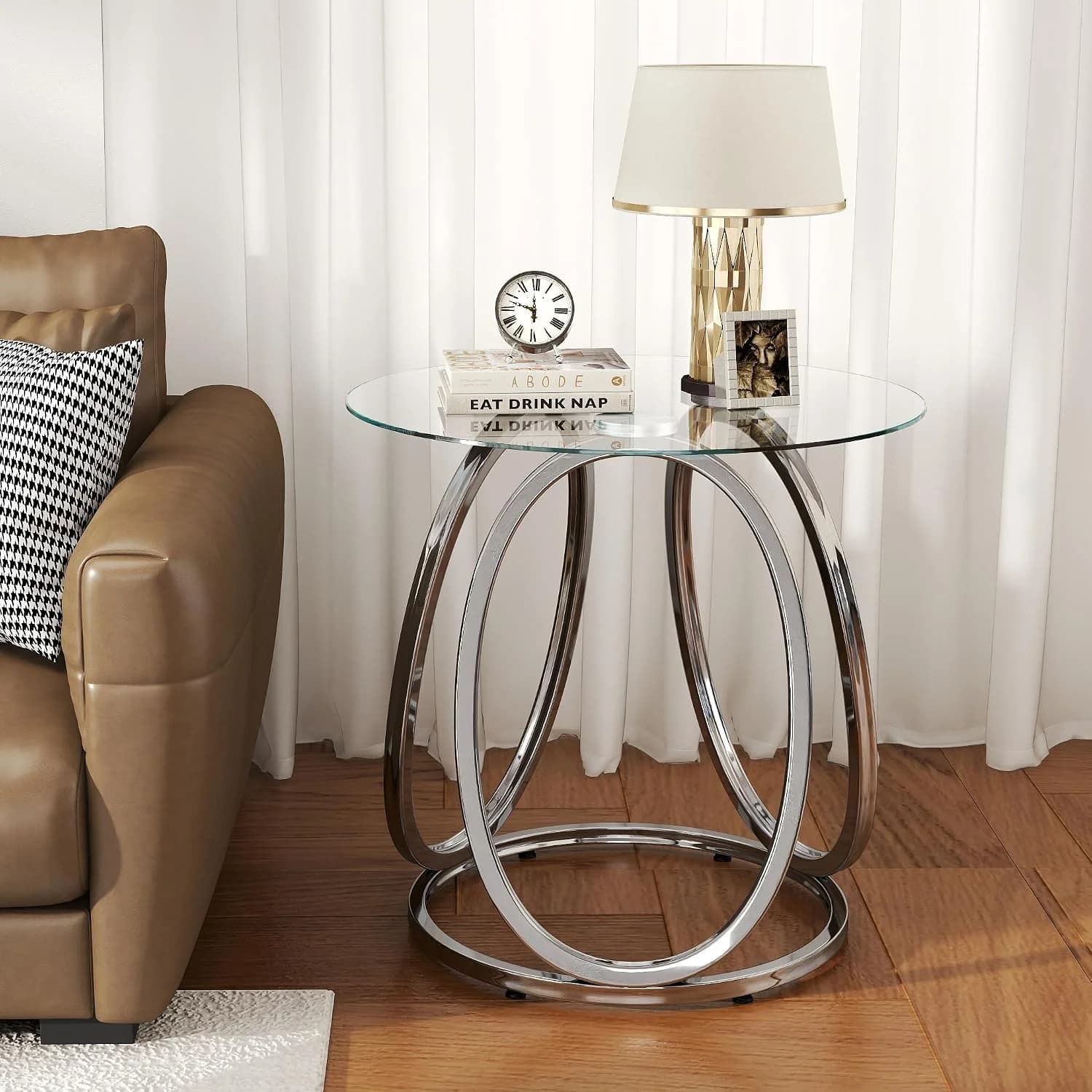 O&K FURNITURE Silver End Table for Living Room, Glass Side Table for Bedroom, Modern Round Glass Nightstand with Metal F