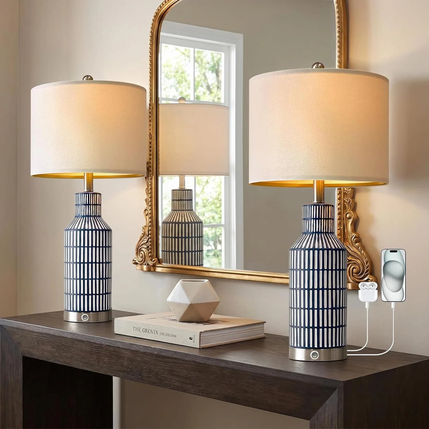 USumkky 25" Modern 3-Way Dimmable Touch Control with USB A+C Ceramic Lamps Set of 2 Table Lamp for Living Room Bedroom F