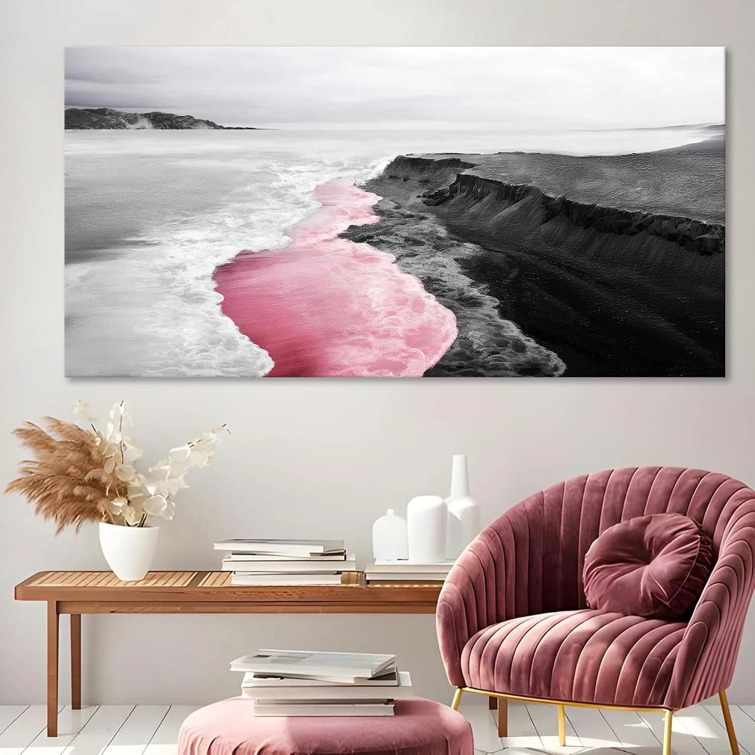 YCPRIMER Pink Canvas Wall Beach Black and White Picture for Living Room Largre Artwork for Wall Coastal Ocean Seascape P