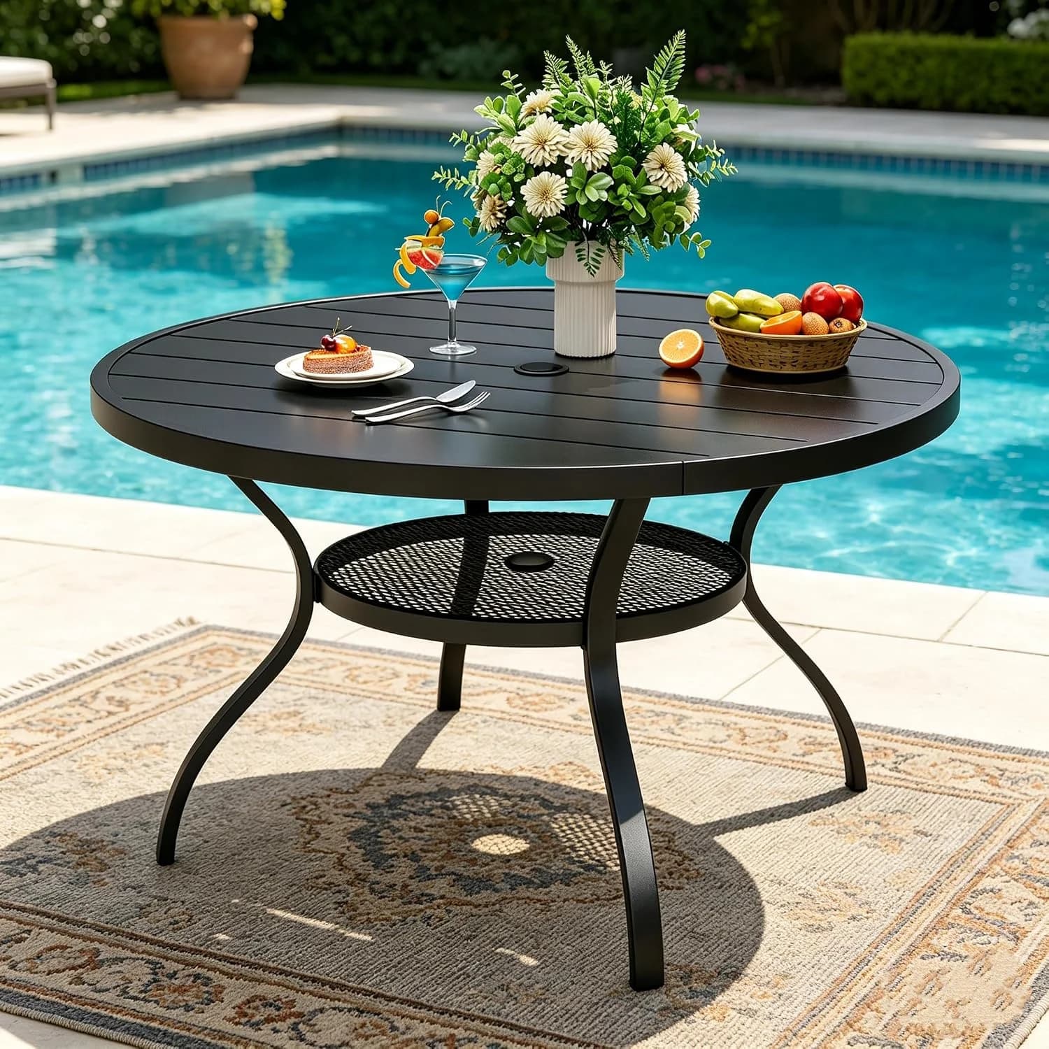 SUNCROWN 42 Inch Round Outdoor Patio Dining Table, All Weather Black Metal Steel Slat Table with 1.5" Umbrella Hole, Wea