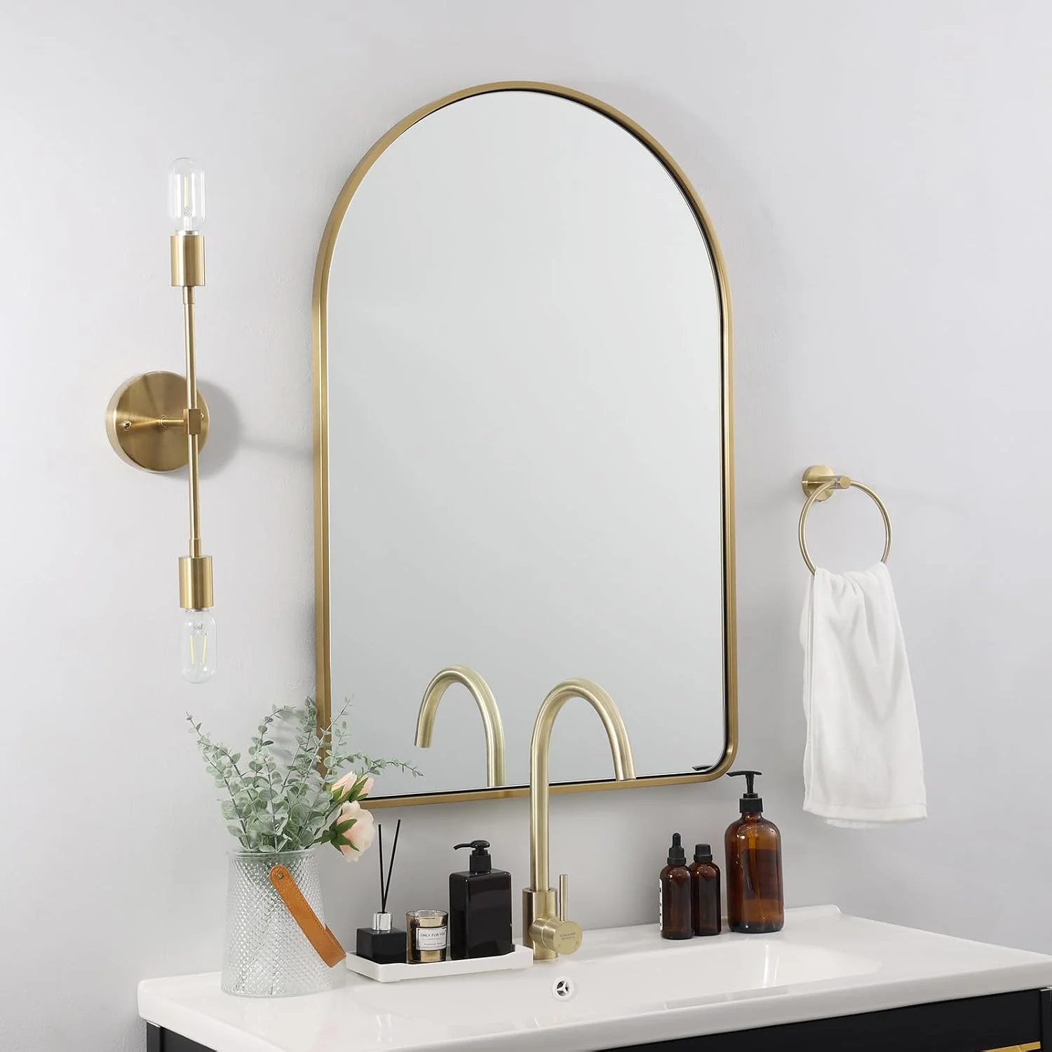 ANDY STAR Brass Mirror Bathroom, 24x36’’ Gold Arched Mirror, Arched Bathroom Mirror, Gold Bathroom Mirror Metal Framed,