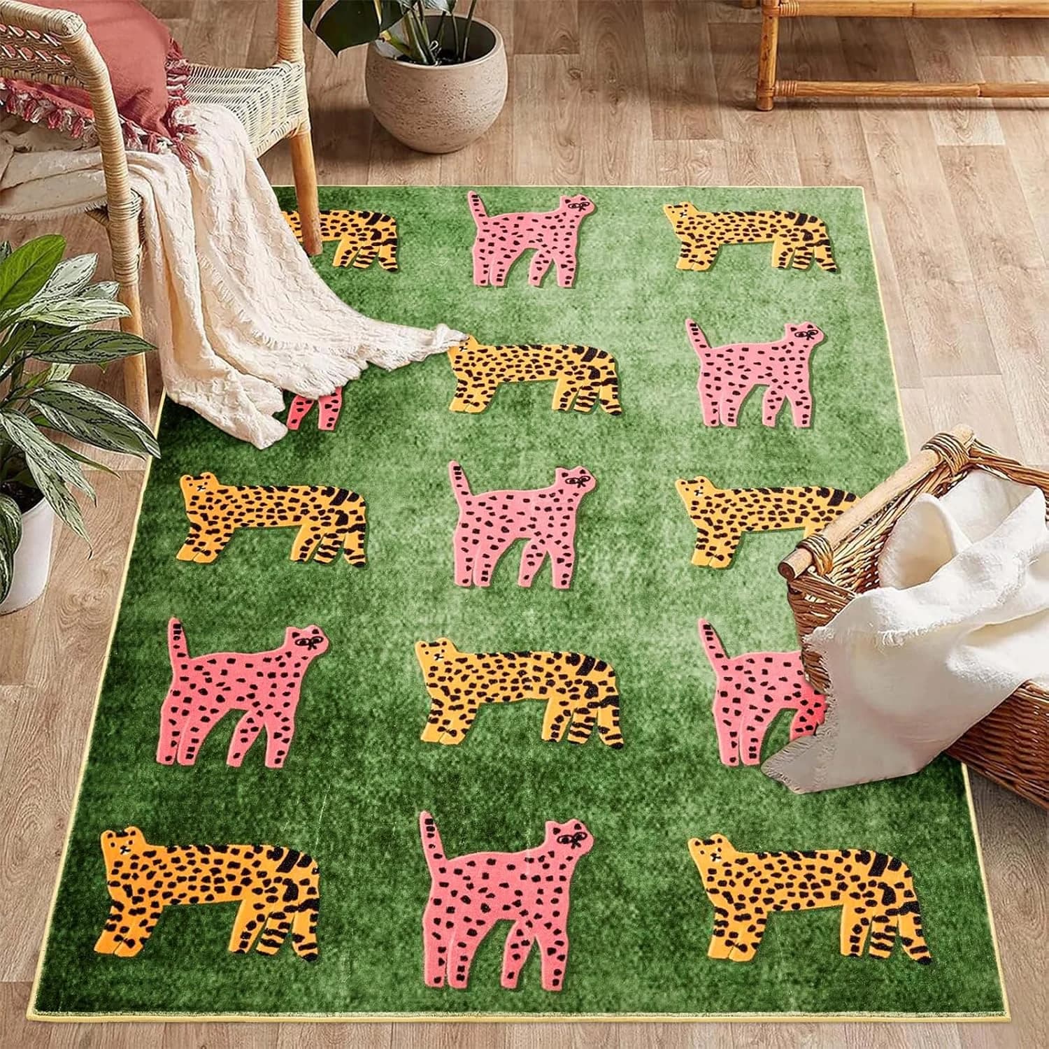 Leopard Washable Rugs, Green Cute Cheetah Tropical Animals Boho Vintage Distressed Hippie 3x5 Area Rugs for Dining Livin