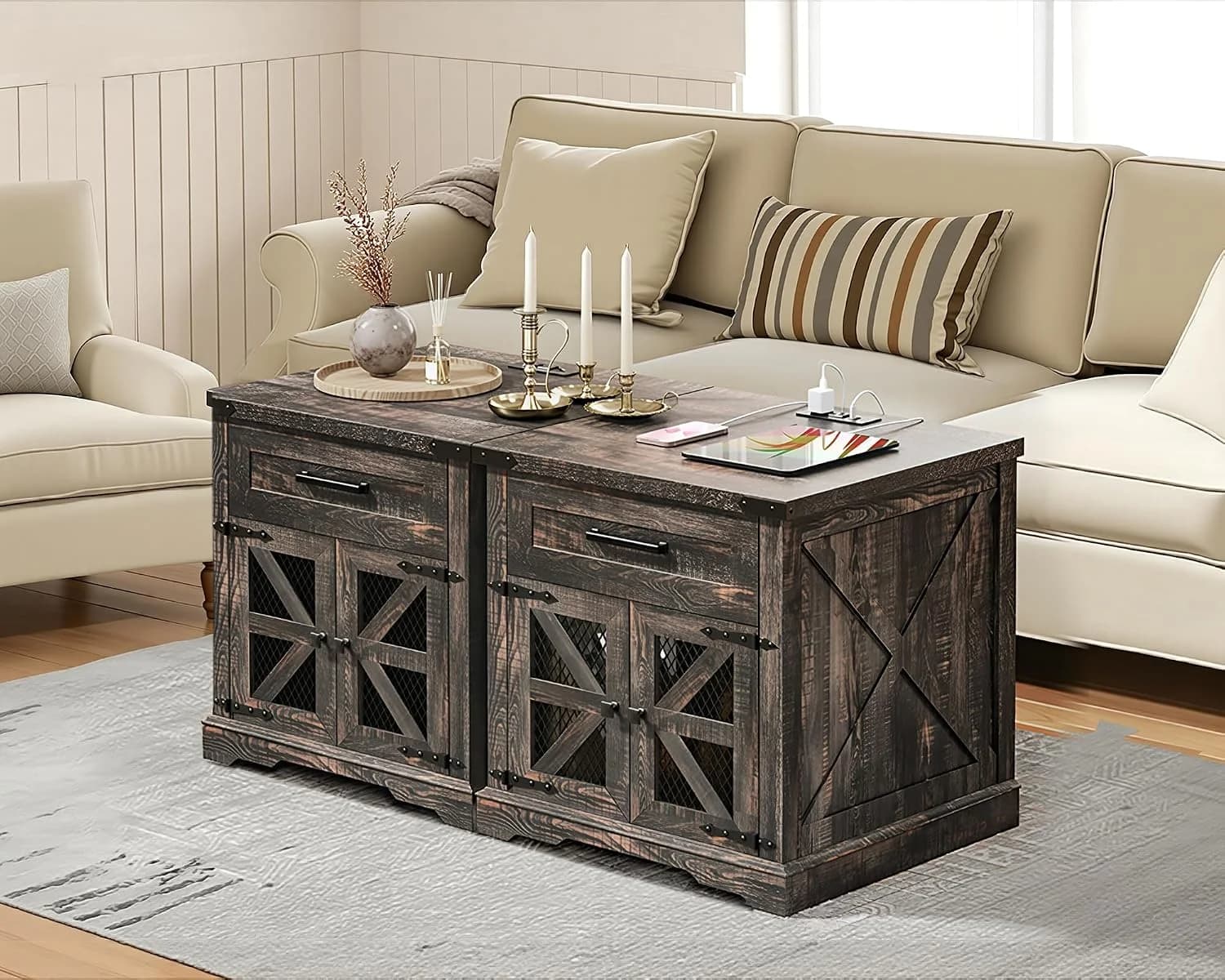 RALGEND Farmhouse End Table Set of 2, 24" Large Sofa Side Table with Drawer, Large End Table for Living Room, Wooden Nig