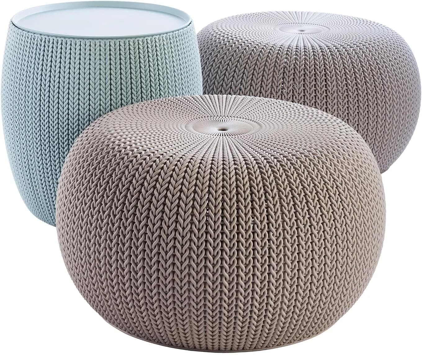 Keter Urban Knit Pouf Ottoman Set of 2 with Storage Table for Patio and Room Décor - Perfect for Balcony, Deck, and Outd