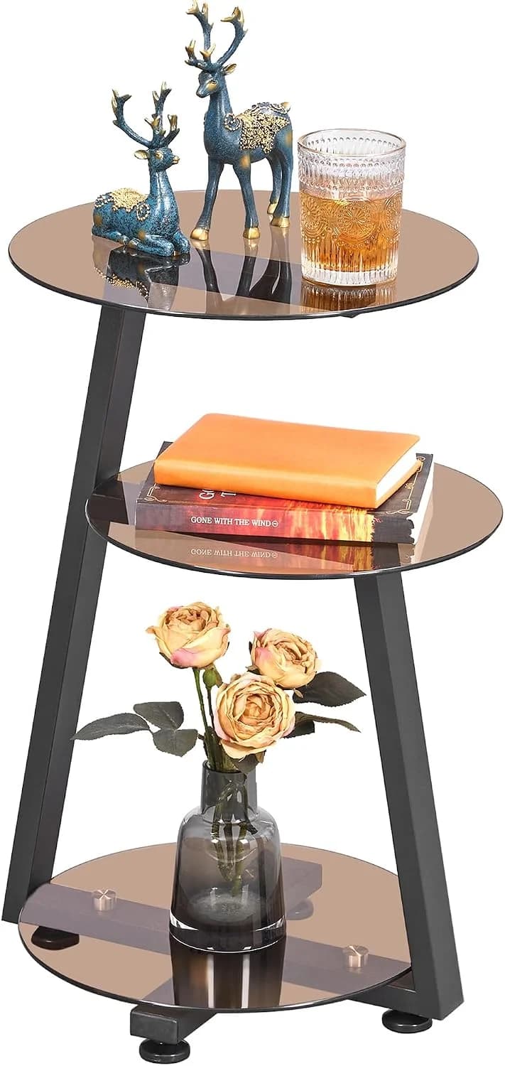 BEWISHOME Small Round Side Table, End Table with Storage Shelves, Tawny