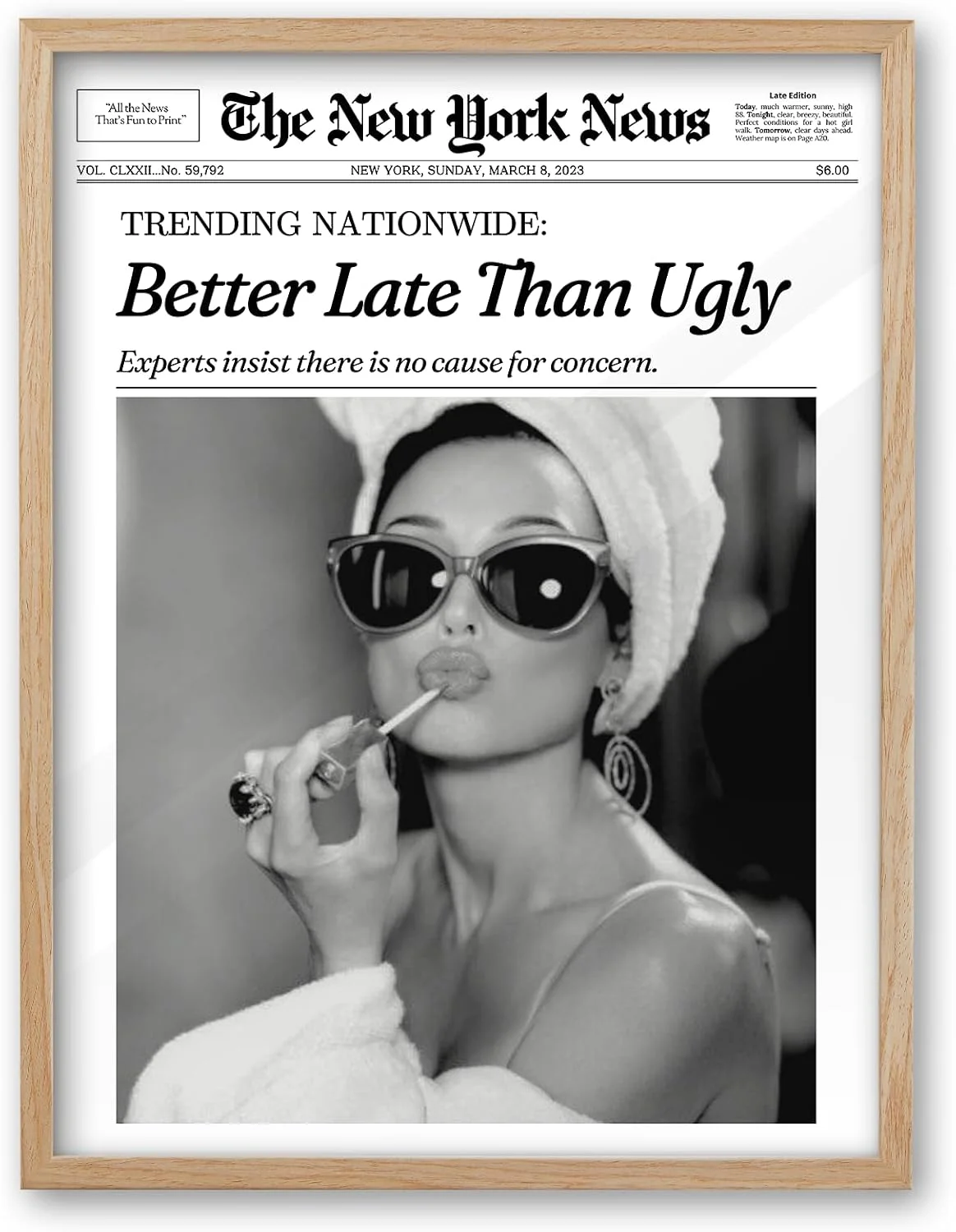 iHery 12x16in Audrey Hepburn Better Late Than Ugly Framed Bathroom Art