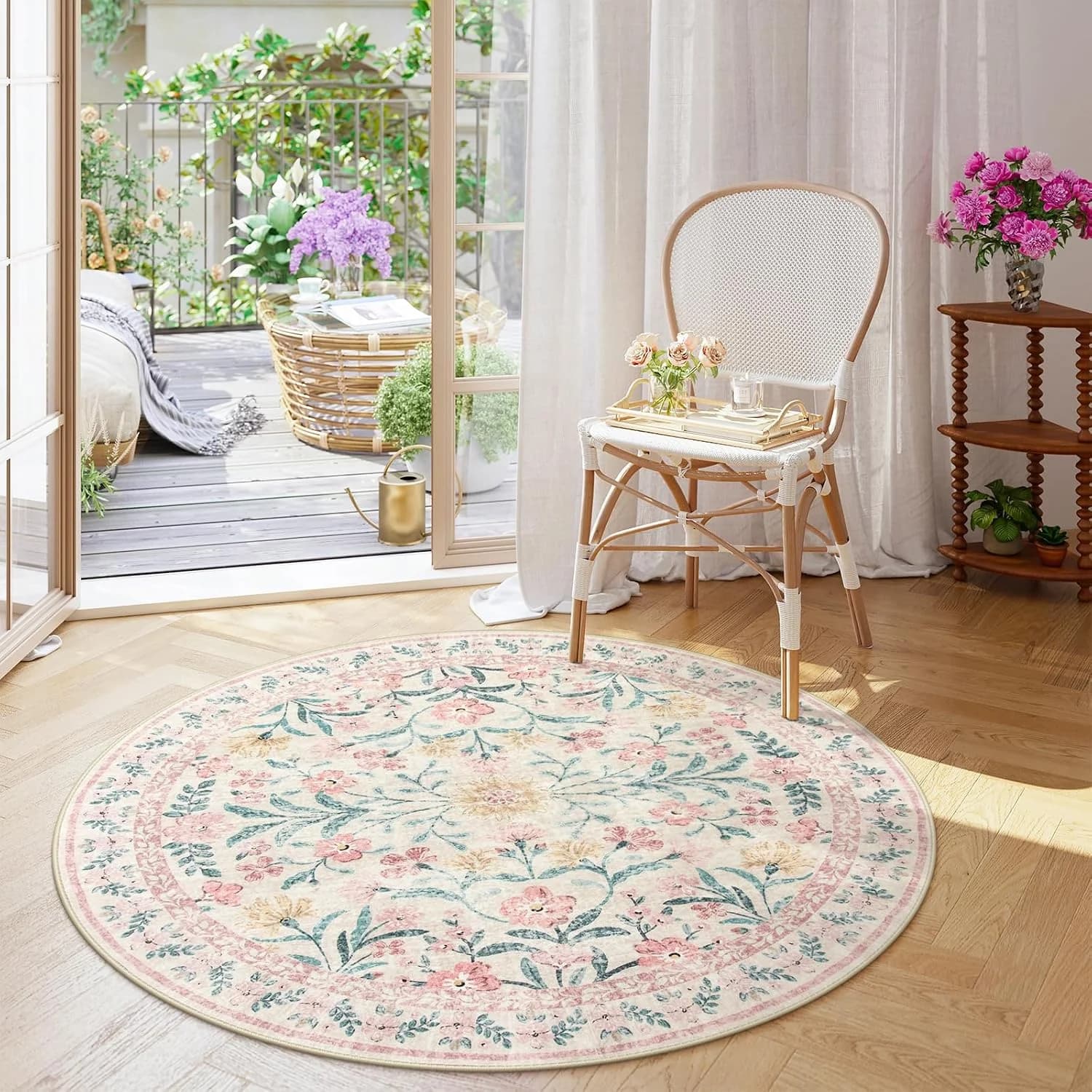 Wonnitar Washable Round Rugs 6ft, Pink Floral Circle Rug Large Round Carpet for Bedroom, Boho Soft Ultra-Thin Circular C
