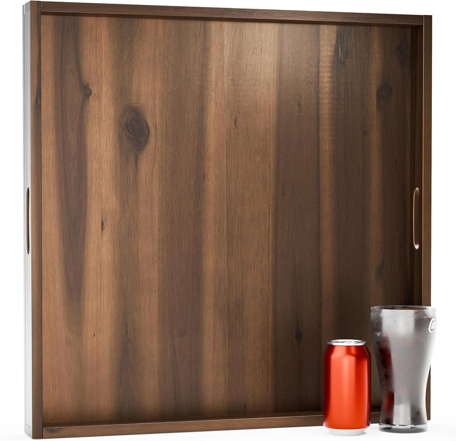 TIDITA 24" x 24" Square Wooden Ottoman Tray, Built-in Handles, Walnut Color