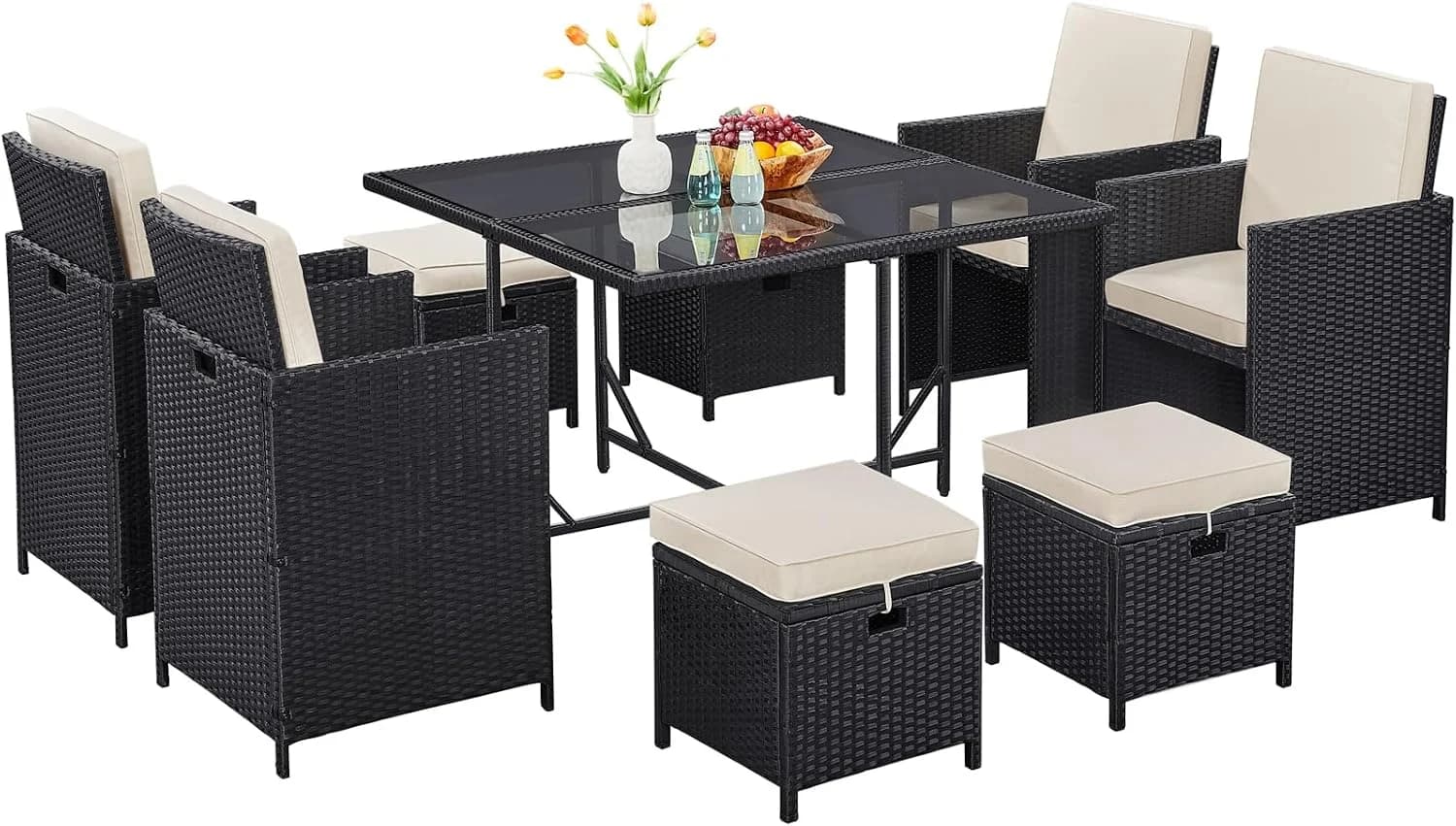 Yaheetech 9 Pcs Patio Dining Sets, Rattan Chairs w/Glass Table Black/Beige