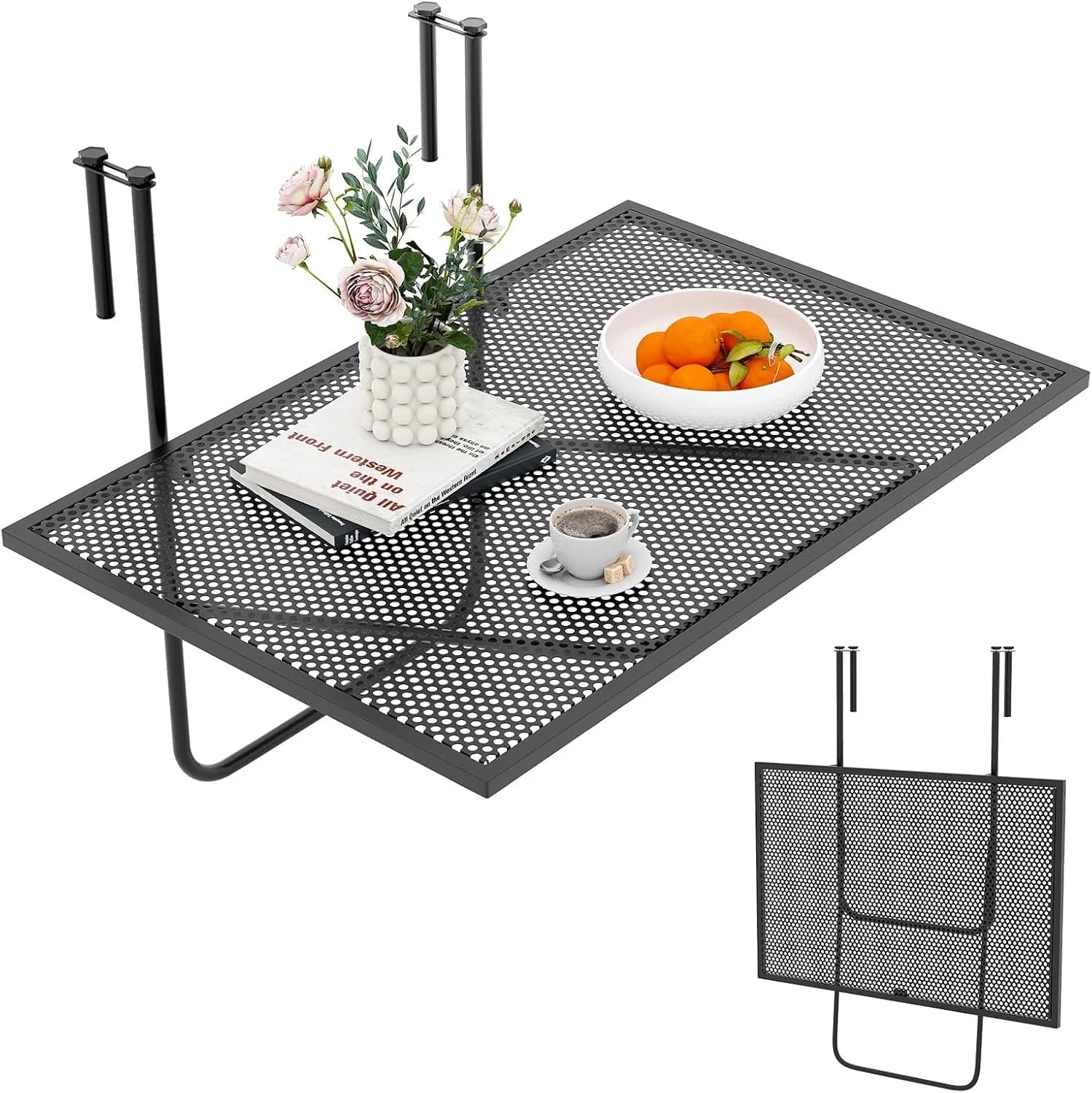 Tangkula Balcony Railing Table, Outdoor Folding Hanging Table with Metal Frame, Space-Saving Bar Serving Table Fits Rail