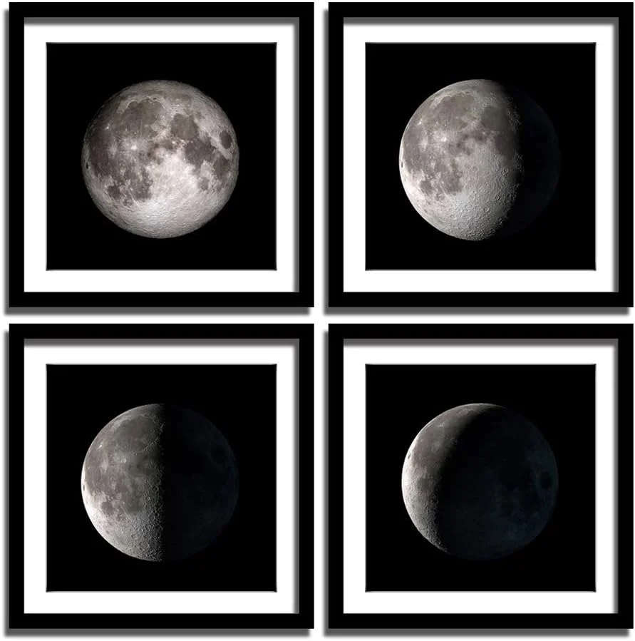 ENGLANT - 4 Pieces Framed Moon Phases Canvas Wall Art, Black and White Bedroom Wall Decor, Abstract Giclee Space Artwork