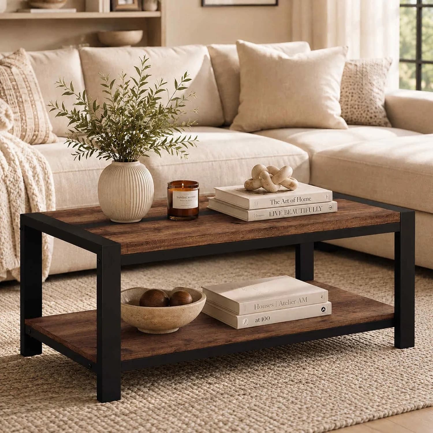 BON AUGURE Coffee Tables for Living Room, 2 Tier Storage Shelf, 43In Rustic