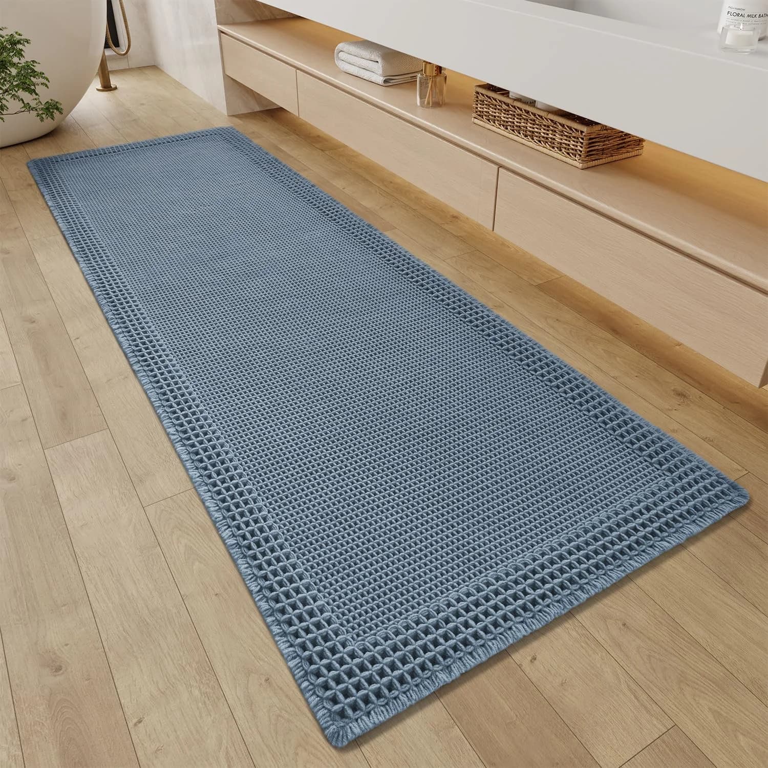RESARE Waffle Bathroom Runner Rugs, Non Slip Boho Bath Mat 24"x72" Blue