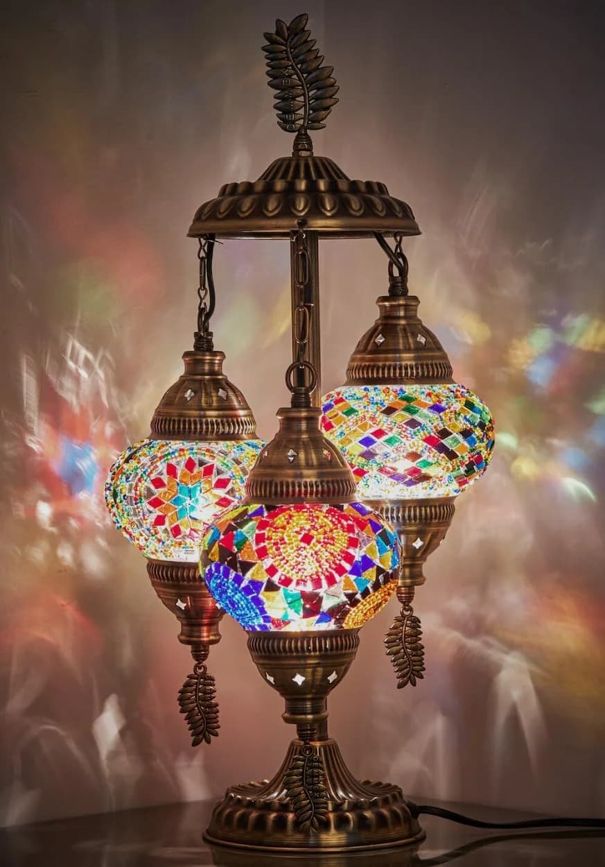 DEMMEX 3-Globe Turkish Moroccan Table Lamp, Tiffany Mosaic Glass Bedside Night Light, Handmade Colorful Mosaic Glass Glo