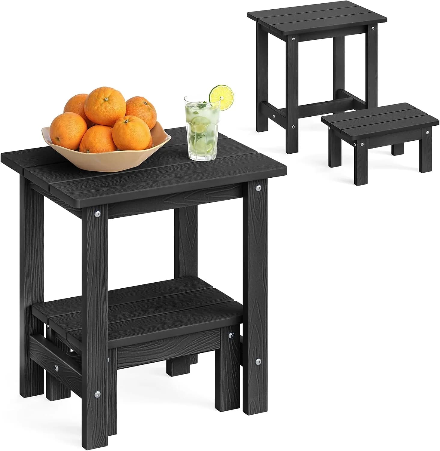 LUE BONA Outdoor Side Table, 2-Tier Nesting HDPS Patio Side Table,Black