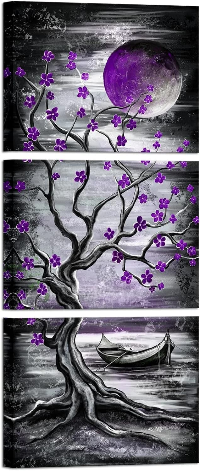 KREATIVE ARTS 3 Piece Full Moon Tree Canvas Wall Art Modern Abstract Black and White Tree Landscape Painting Prints for