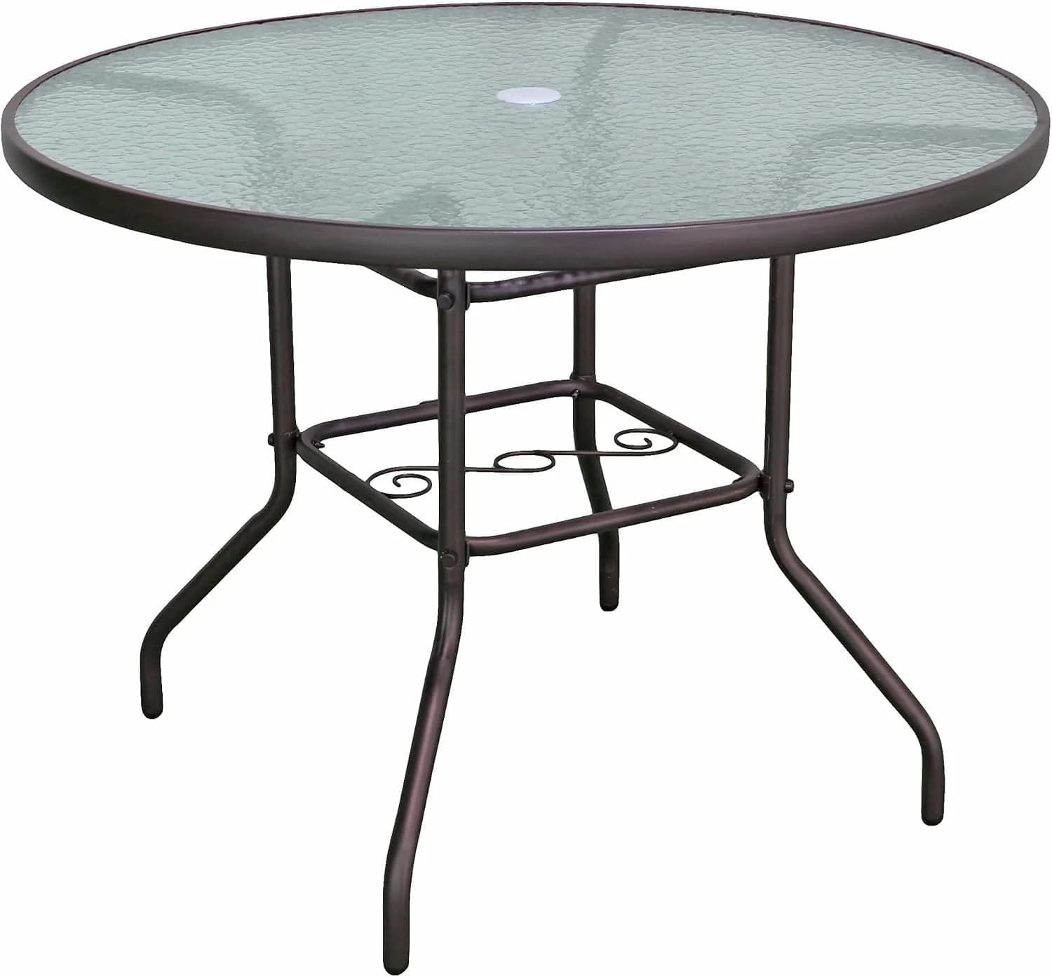 Garden Elements Outdoor Patio Furniture, Round Dining Table, Steel Base and Rim with Water-Wave Glass Top, Brown, 40"