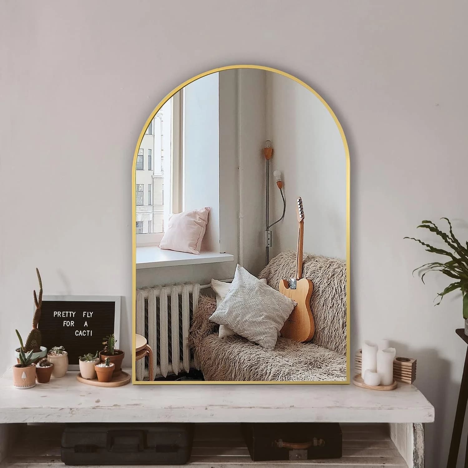 Arched Bathroom Mirror for Wall, 36" x 24" Metal Frame Vanity Mirror, Gold