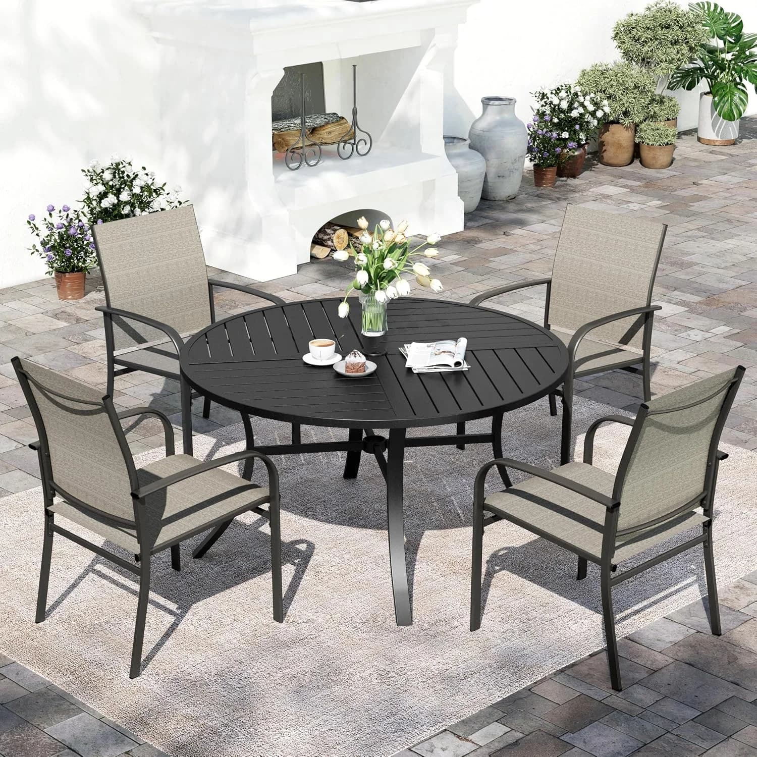 5pc Patio Dining Set for 4, Outdoor 42" Round Metal Table & 4 Brown Chairs