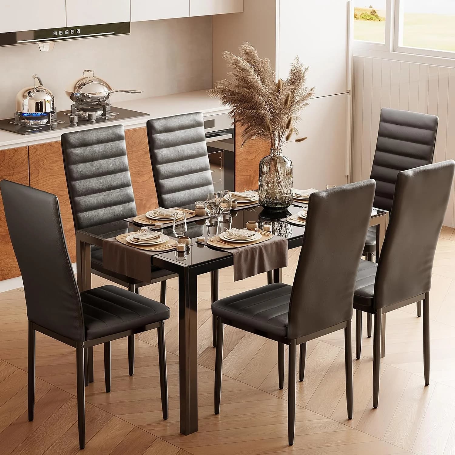 Bealife Kitchen Dining Table Set for 6, Tempered Glass 7 Piece - Black