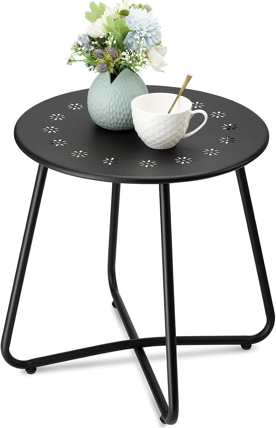 danpinera Outdoor Side Tables with Flower Cut Outs, Weather Resistant Steel Patio Side Table, Small Round Outdoor End Ta