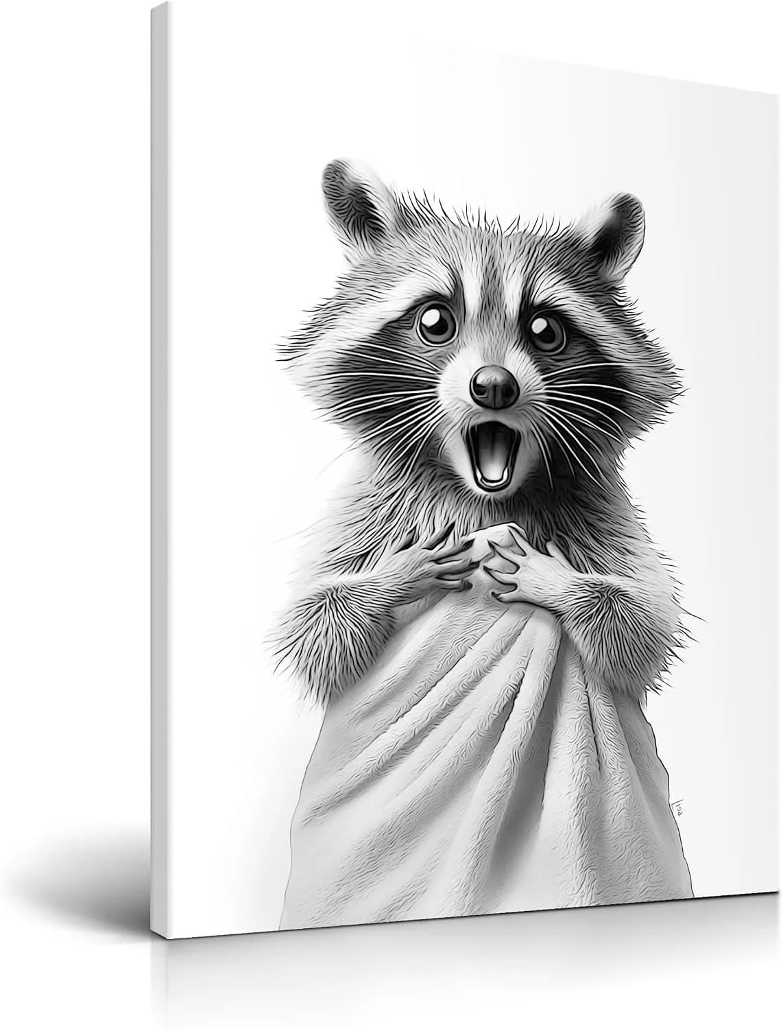 HesenDot 12x16in Raccoon Wrapped in Towel Funny Framed Bathroom Wall Art