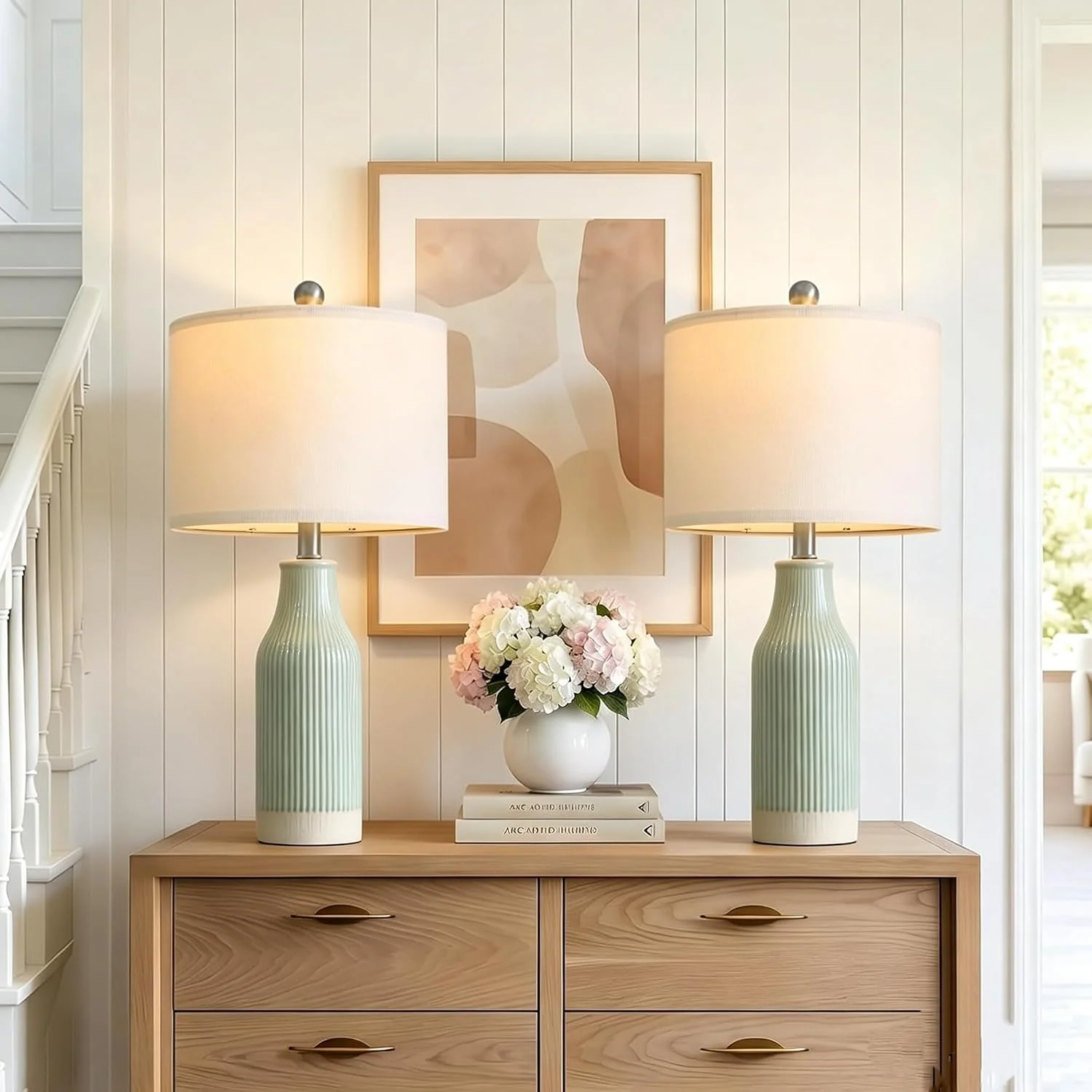 USumkky 23.75" Modern Green Ceramic Table Lamp Set of 2 for Living Room, Farmhouse Bedside Nightstand Lamp for Bedroom H