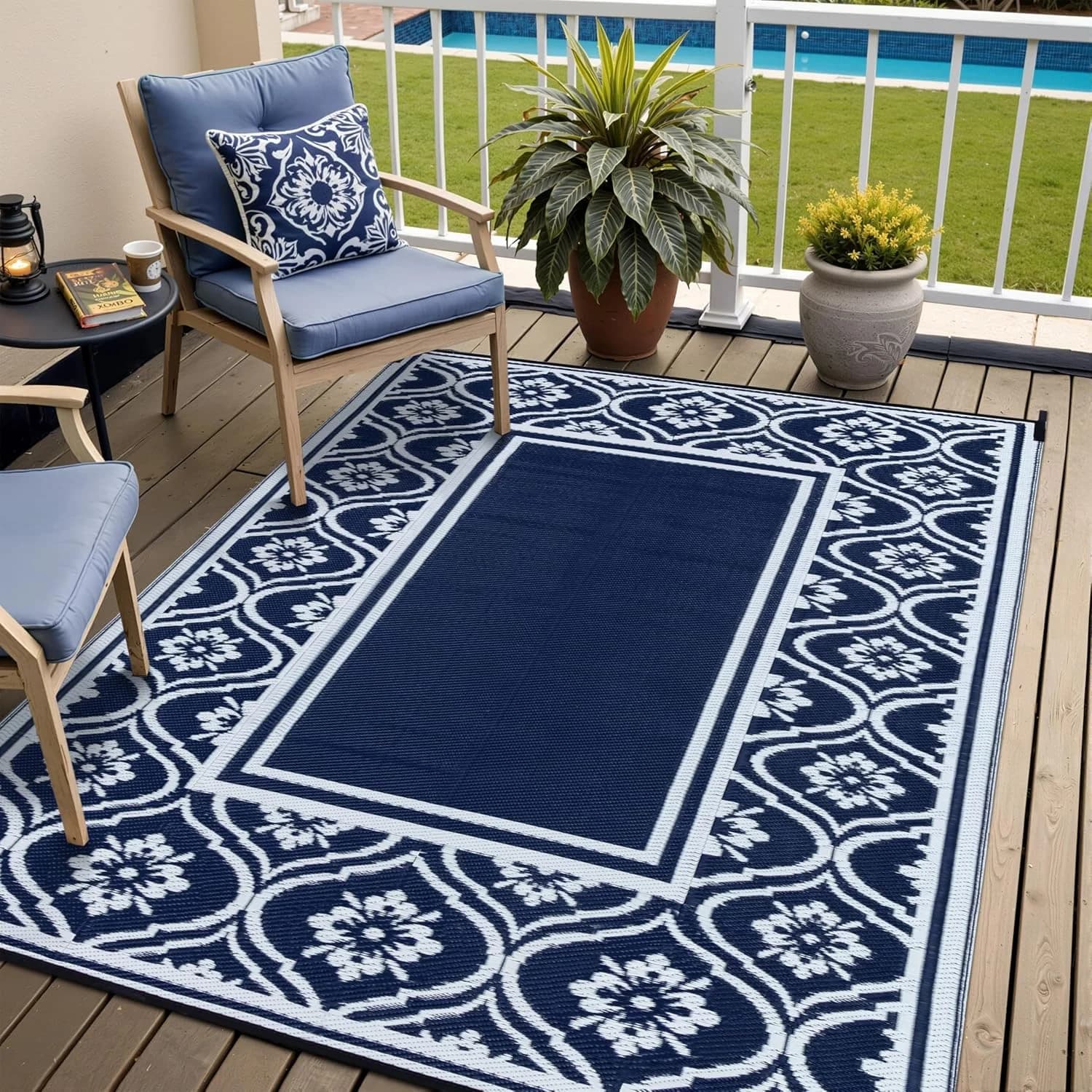HUGEAR 5x8 Navy Blue Lantern Waterproof Outdoor Rug for Patio