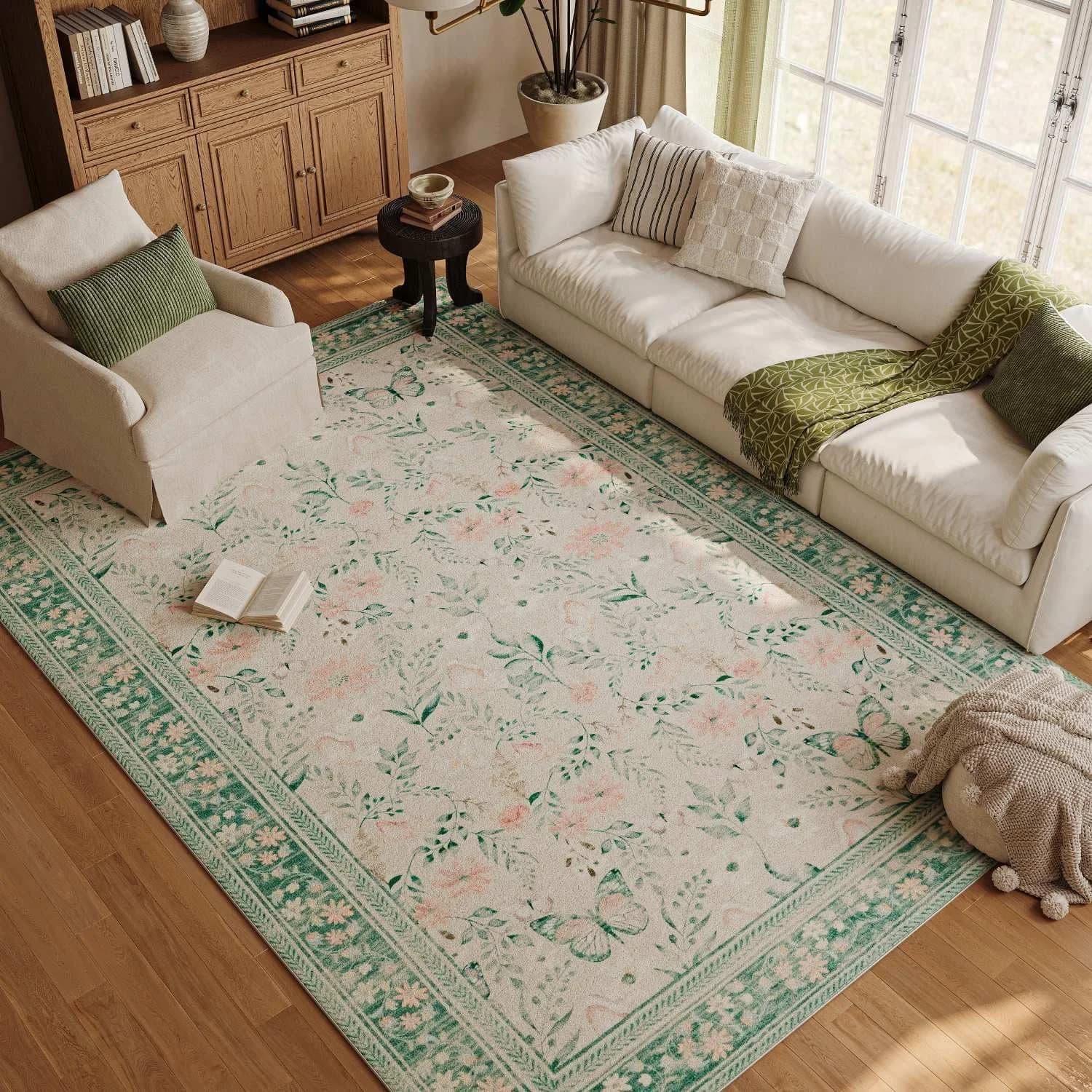 Rugxara 5x7 Sage Green Floral Boho Washable Non Slip Indoor Area Rug