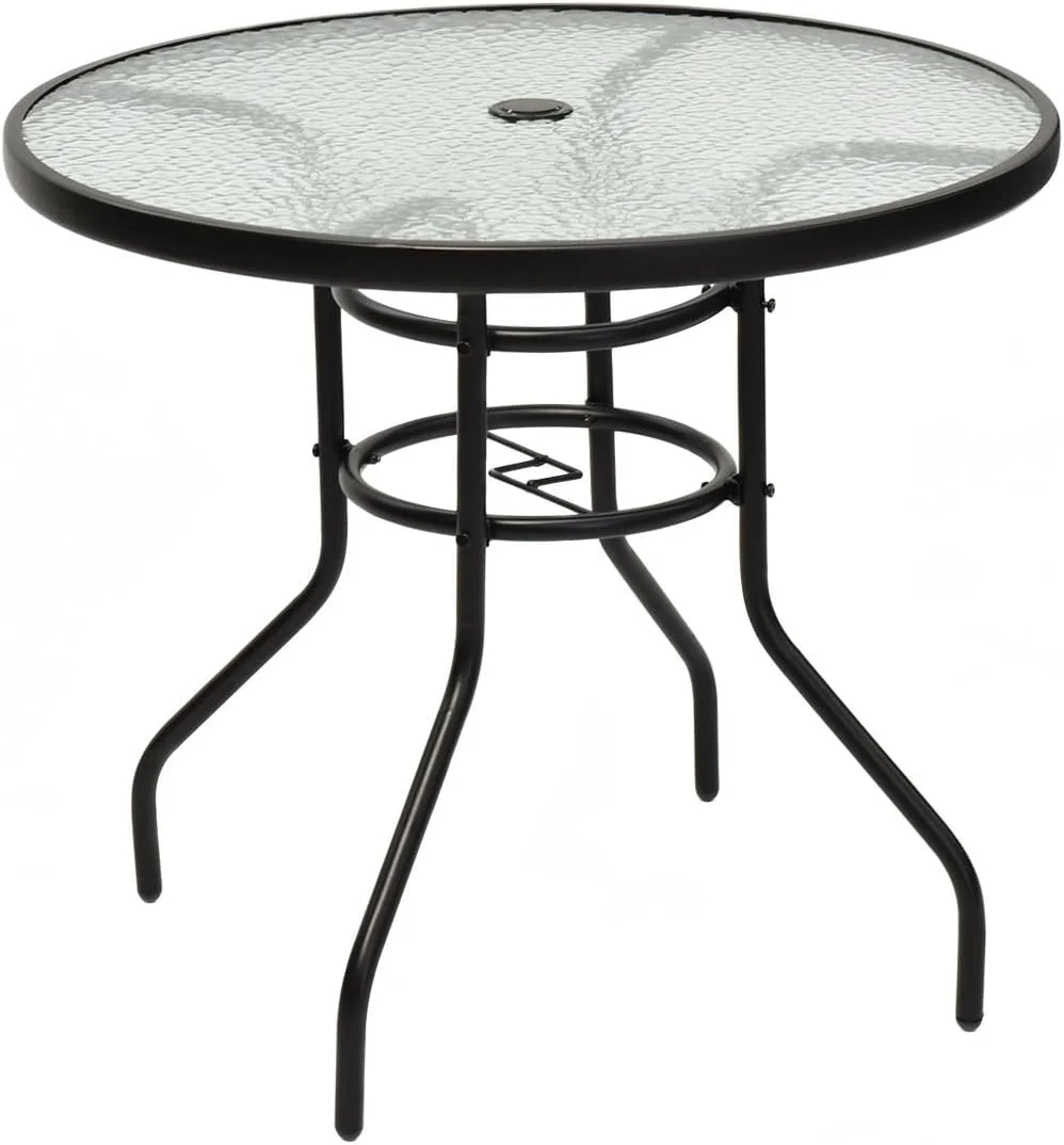 Tangkula 32" Round Outdoor Table with Tempered Glass Top, Patio Dining Table with Umbrella Hole & Metal Frame, Outside B