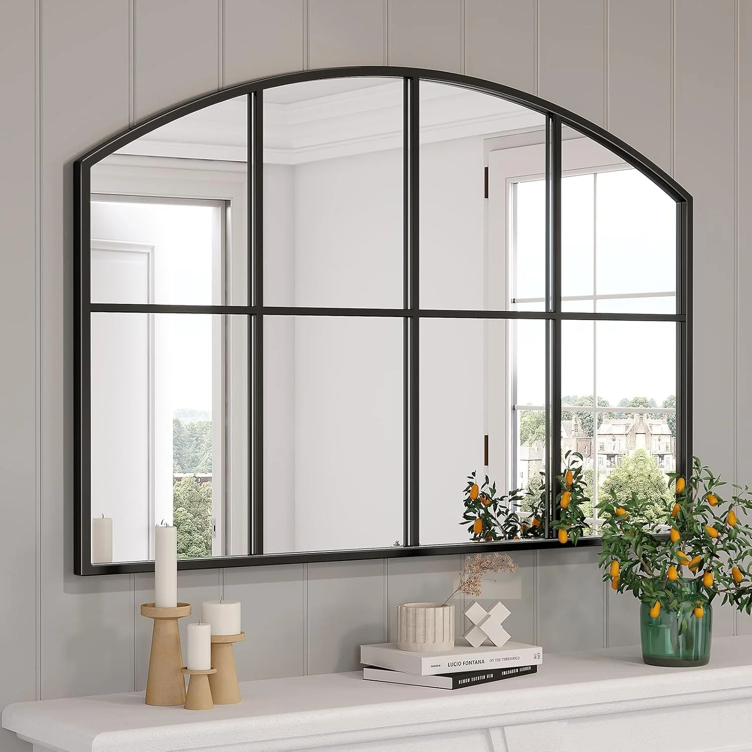 Black Arched Window Pane Mirror, 42" x 28" Grid Wall Mirror