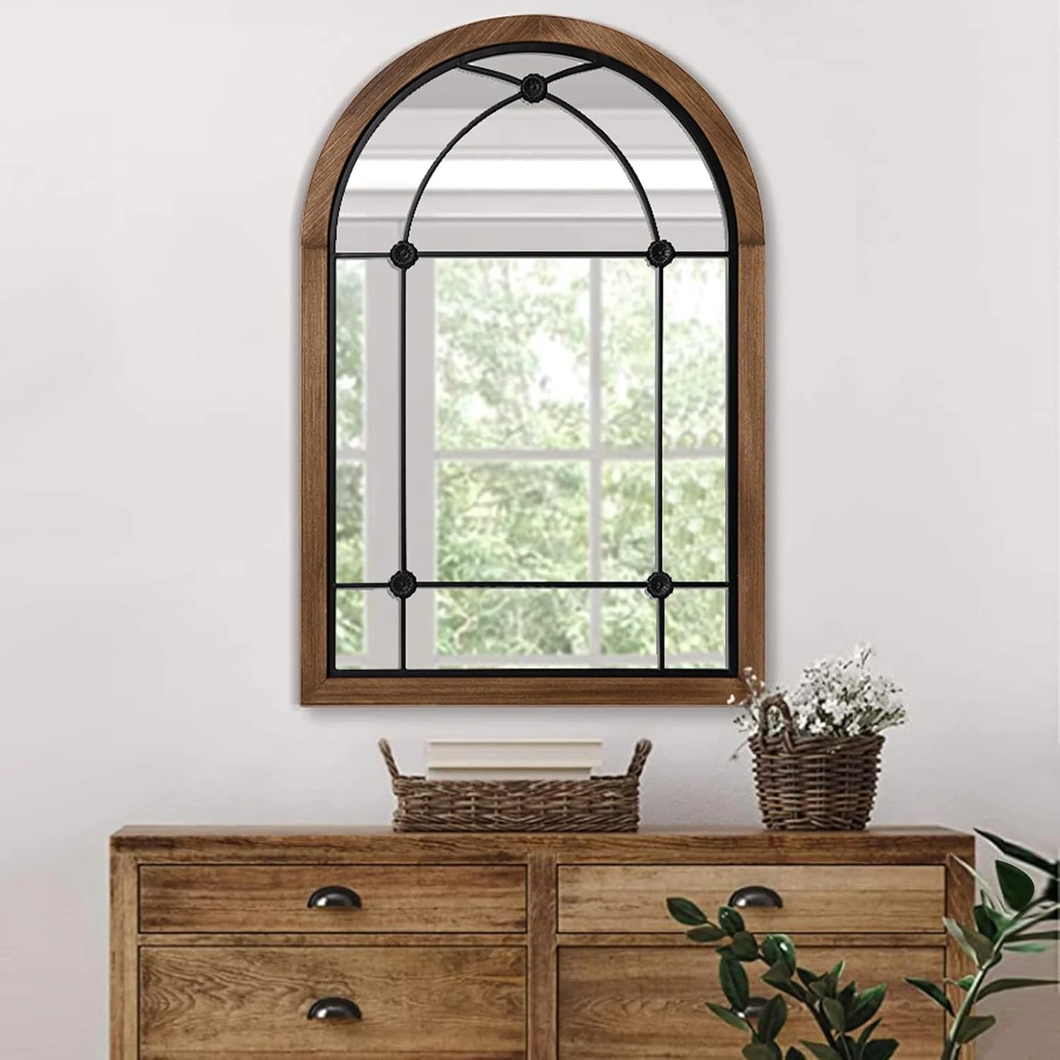 blue page Arched Wall Mirror 36x24 Inch Farmhouse Wood Frame, Dot Brown