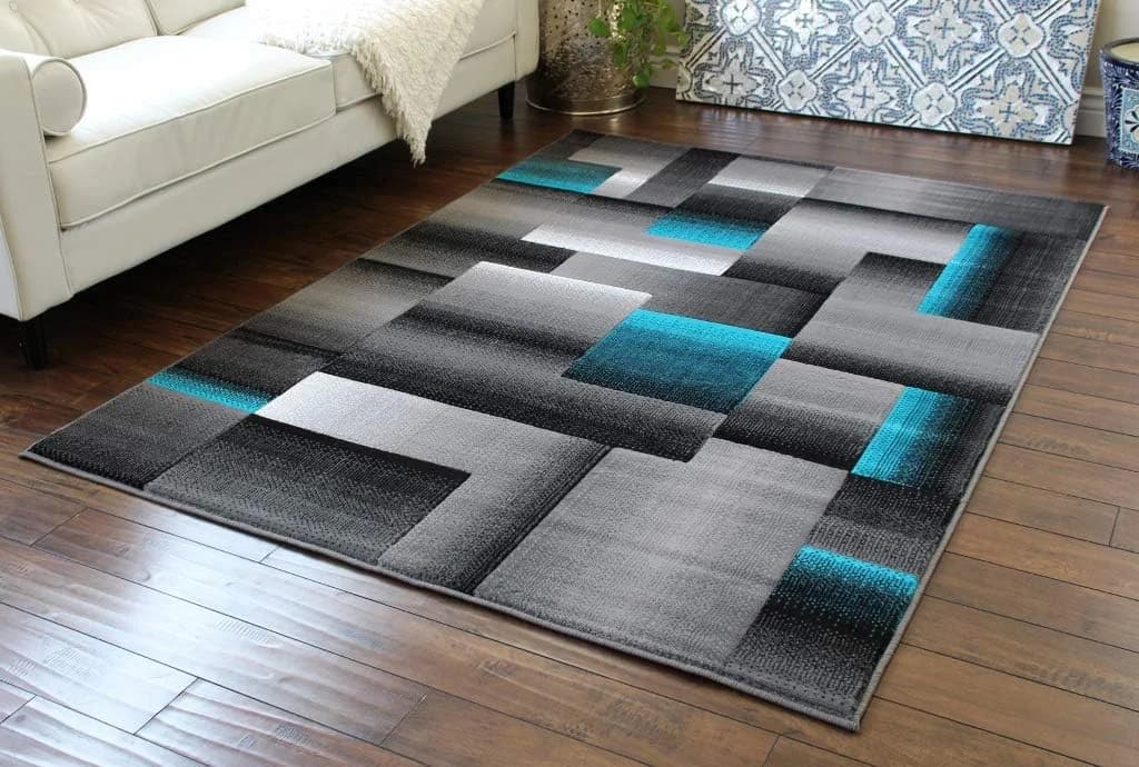 Masada Rugs, Modern Contemporary Area Rug, Turquoise Grey Black (5 Feet X 7 Feet)
