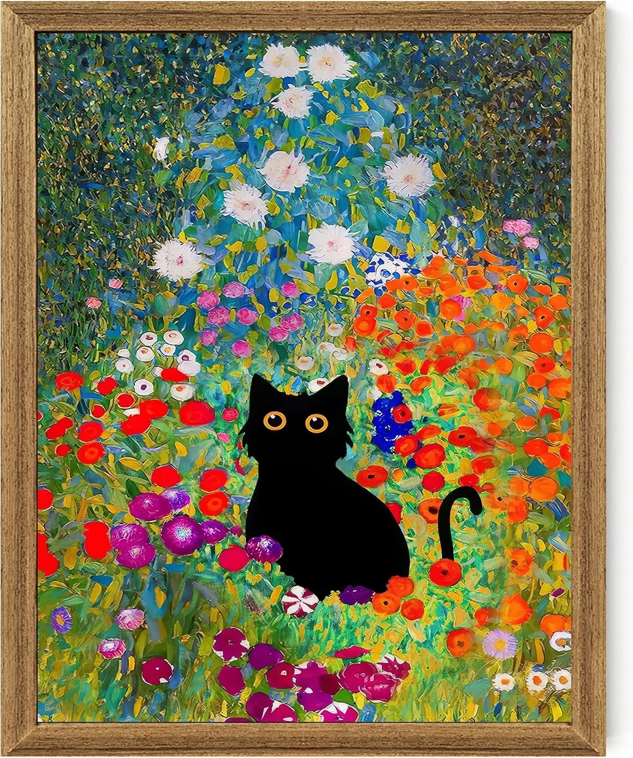 Fantasy Artists Gustav Klimt Canvas Wall Art, Framed Aesthetic Cat Floral Wall Decor, Garden Flower Black Cat Poster Pai