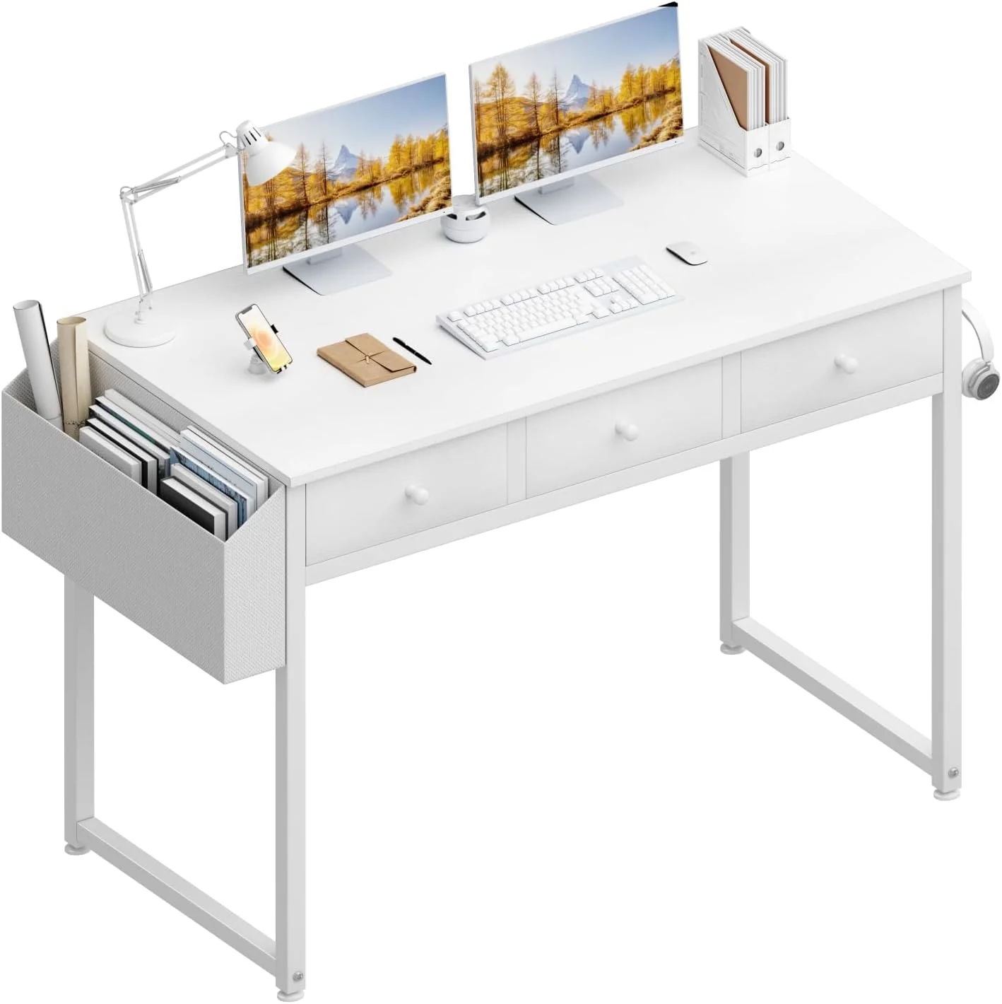 Lufeiya Small White Computer Desk with Drawers for Home Office Bedroom, 40 Inch Vanity Desk with Fabric Drawer Storage a