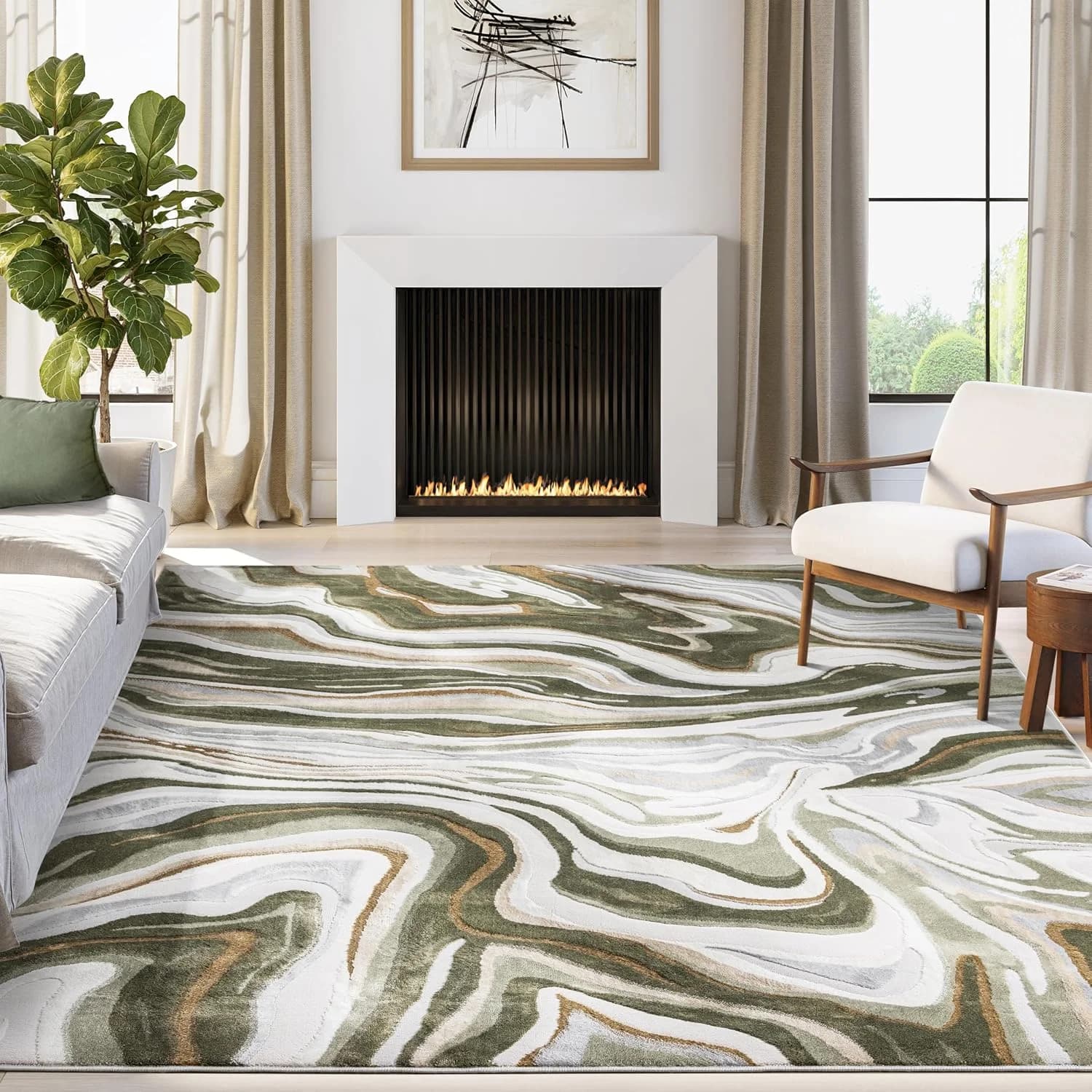 Abani Green Intertwined Lines Area Rug – 5' x 8' – Contemporary Swirl Design – Regal Collection – Washable, Easy to Clea