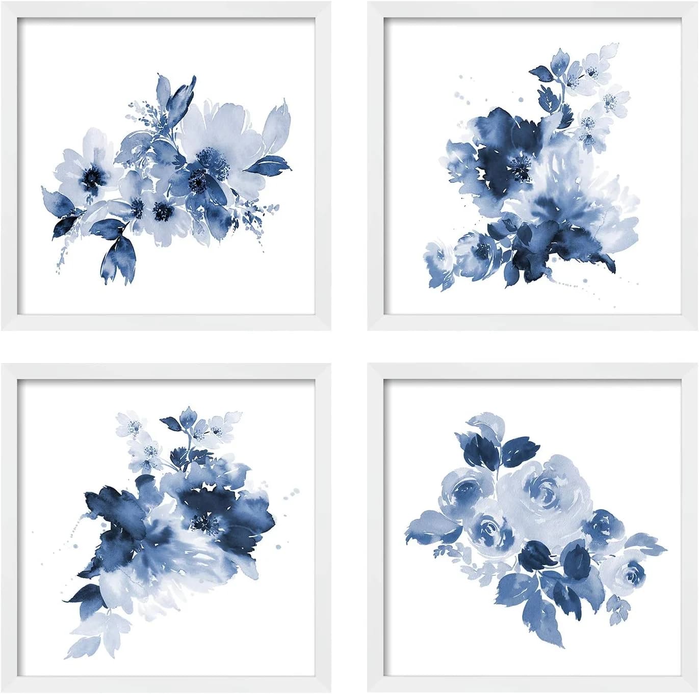 ArtbyHannah Framed Bathroom Wall Decor, Navy Blue Watercolor Artwork White