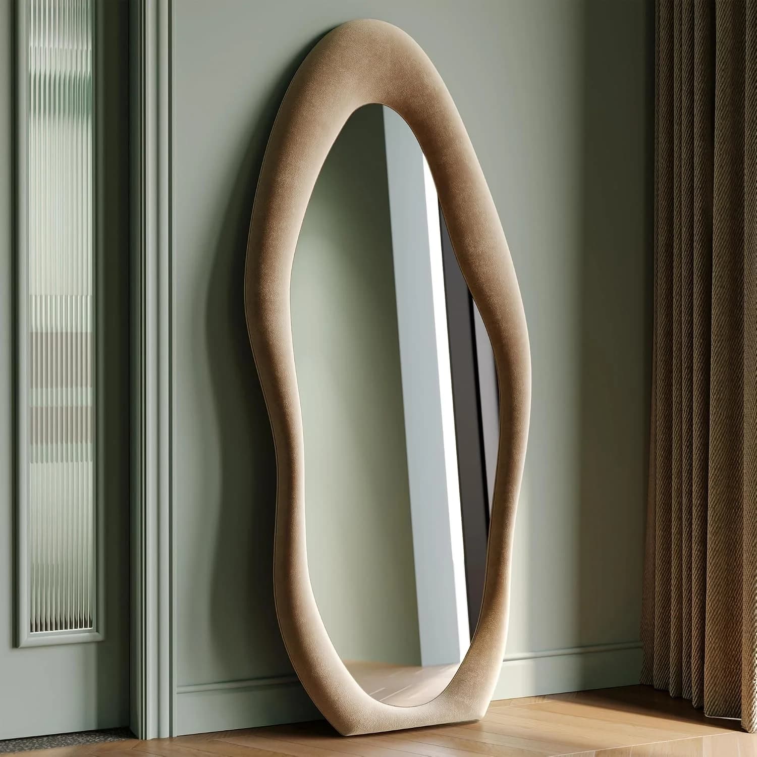 Honyee Full Length Mirror, 63" x 24" Wall Mirror, Flannel Wrapped Wooden Frame Floor Mirror, Irregular Wavy Mirror Hangi