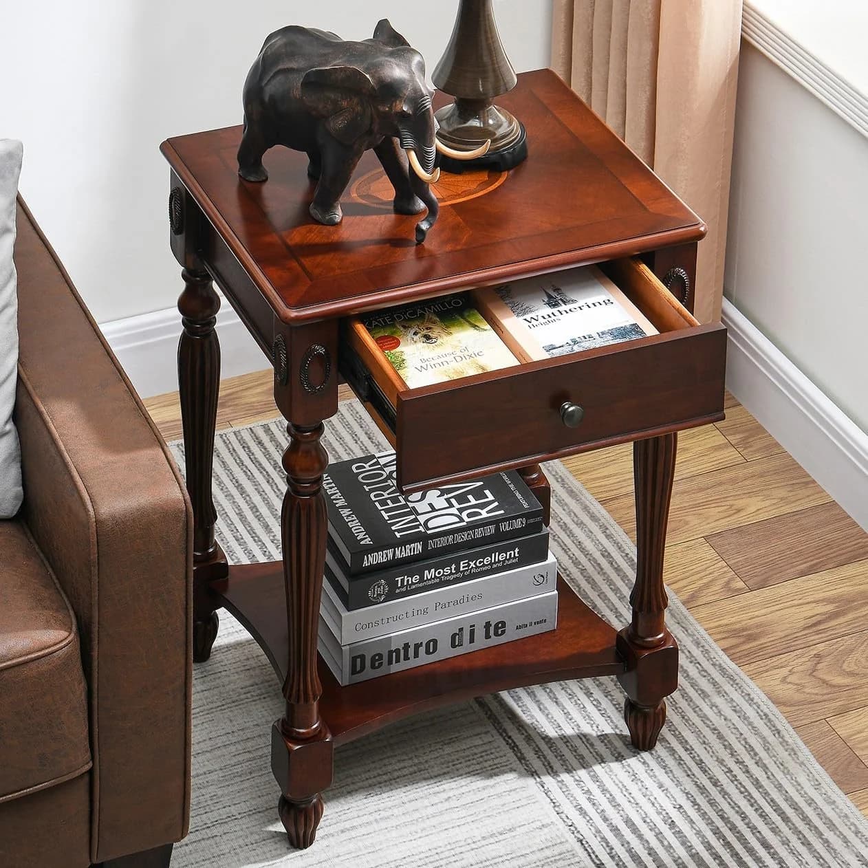 Solid Wood Side Table with Drawer and Storage Shelf, Traditional End Table, Narrow Telephone Nightstand, Carvings Elegan