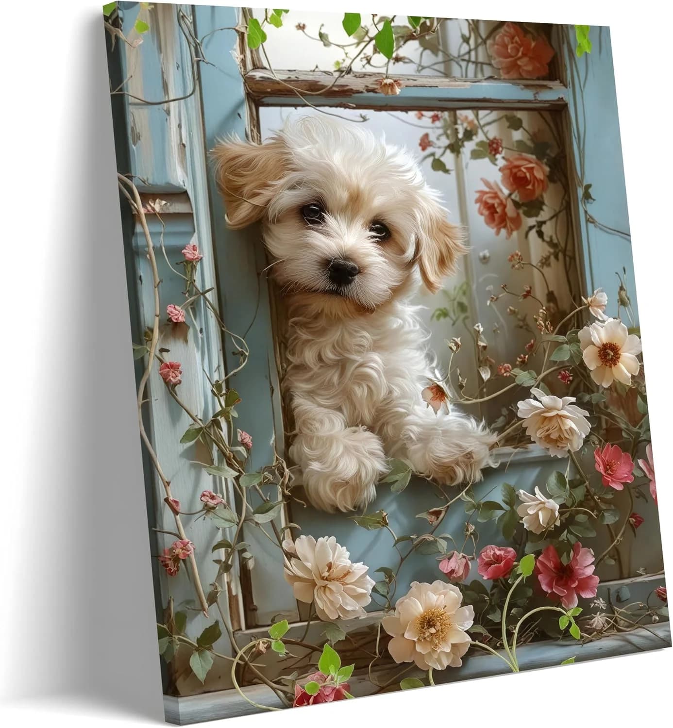 Framed Poodle Canvas Wall Art, Funny Teddy Dog Poster Print, Abstract Dog Standing Among Flowers Painting Wall Decor for