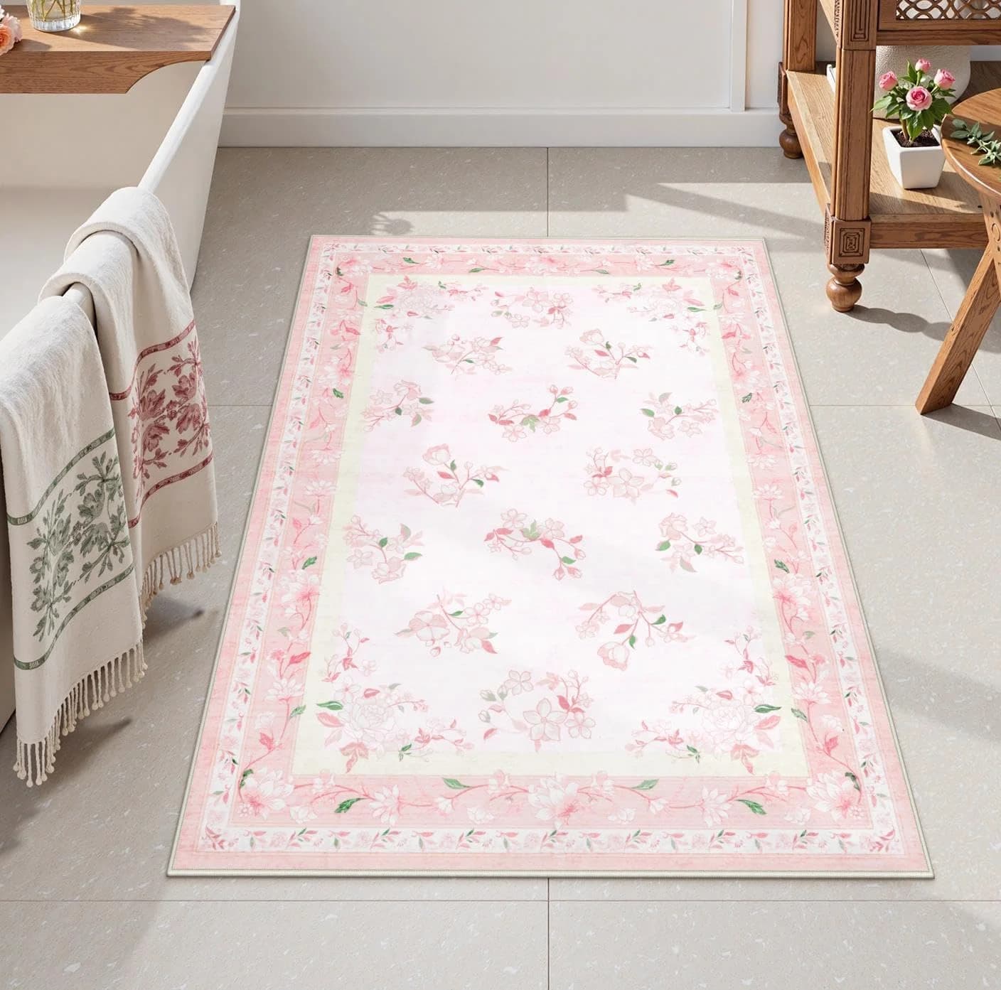 LIVEBOX Floral Pink Washable Entryway Rug, 2x3 Boho Bathroom Rugs Non Slip Soft Bedroom Accent Rug, Ultra Thin Flower Sm