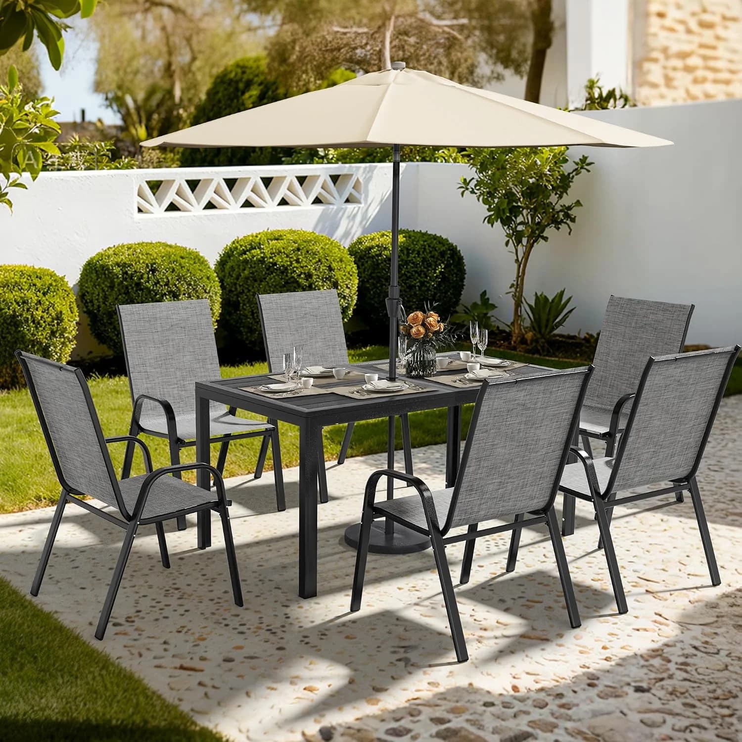 Pamapic Outdoor Dining Sets for 6, Rectangular Steel Slat Table with 6 Textilene Chairs, 7 Piece Patio Table and Chairs